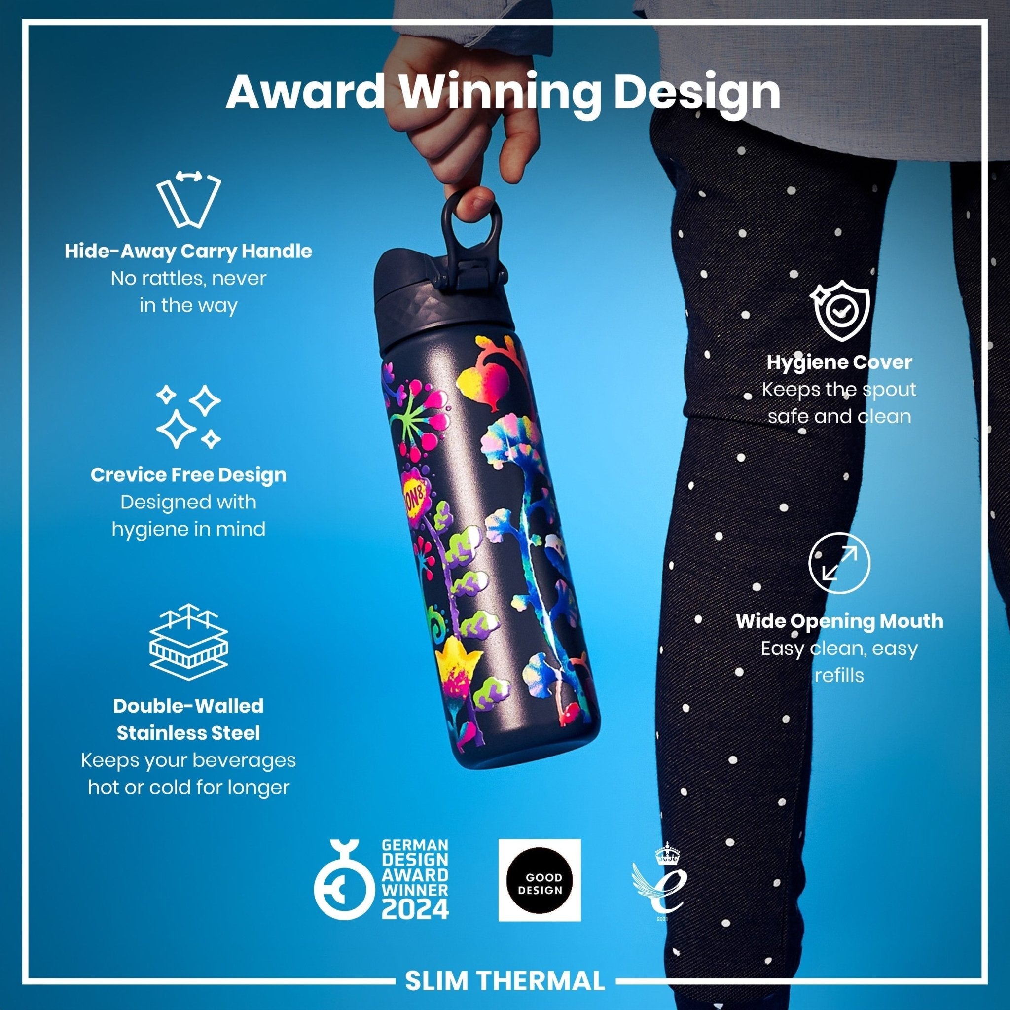 Bright floral insulated steel water bottle by ION8, leak-proof slim design, 500ml thermal water bottle with colorful pattern.