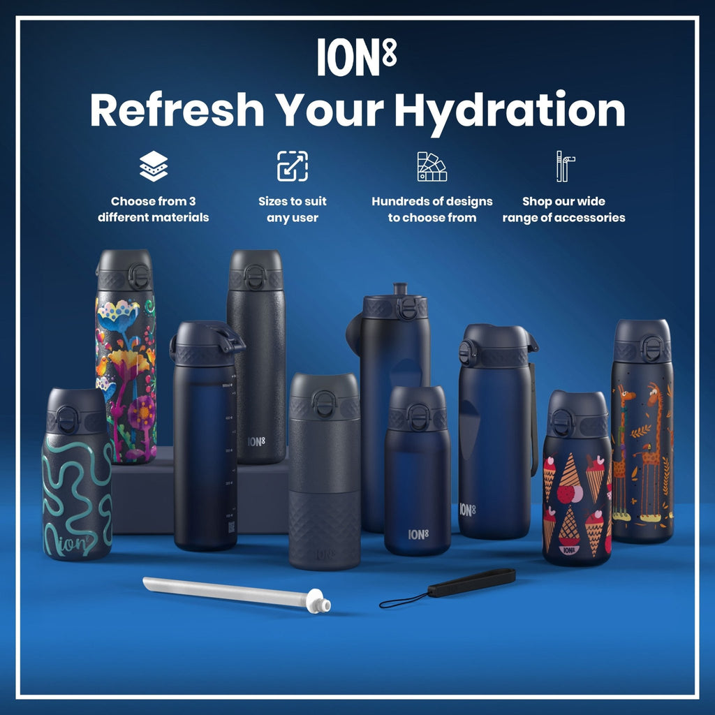 Ion8 leak-proof slim thermal water bottle with bright floral design, insulated steel, 500ml capacity, ideal for hot and cold drinks