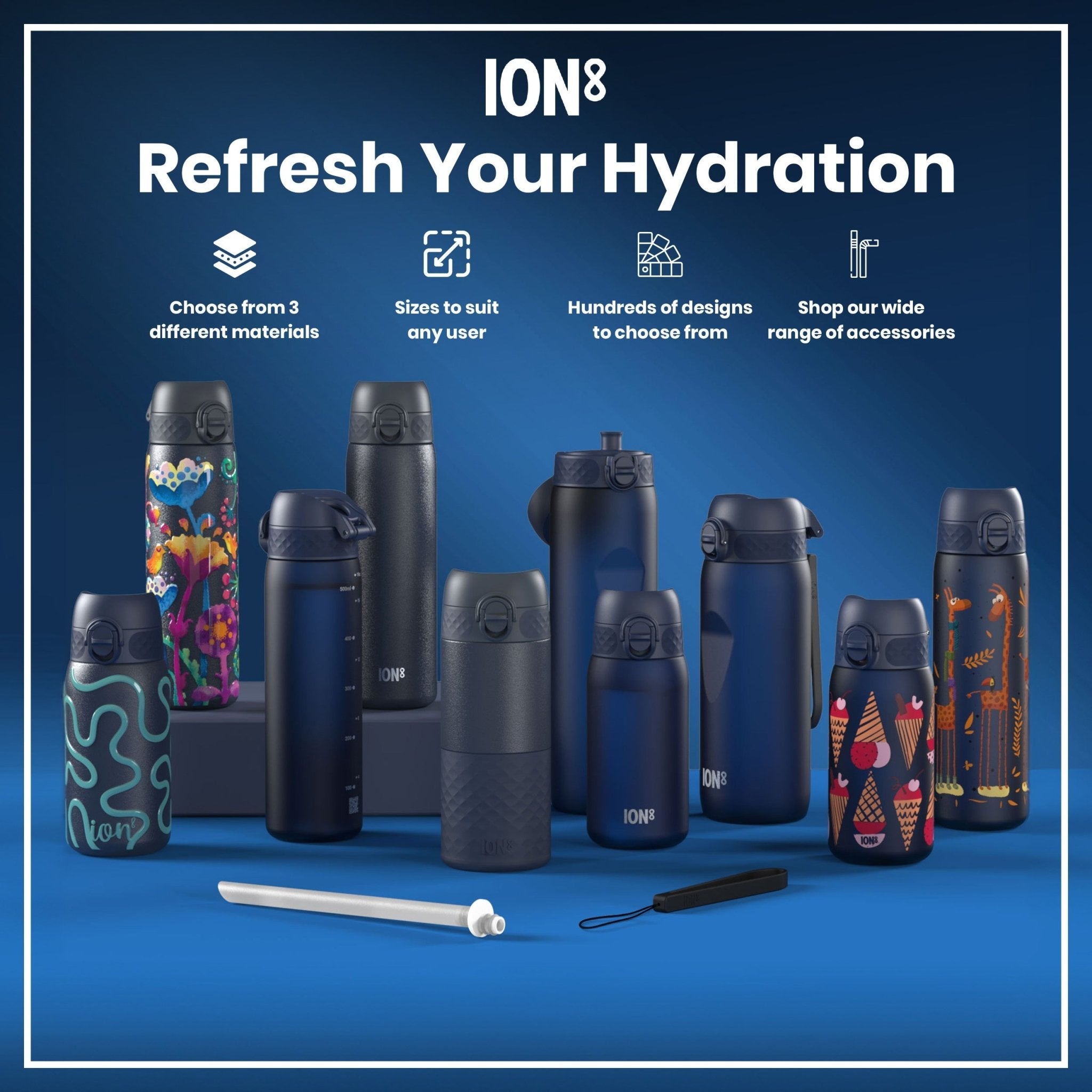 Ion8 leak-proof slim thermal water bottle with bright floral design, insulated steel, 500ml capacity, ideal for hot and cold drinks