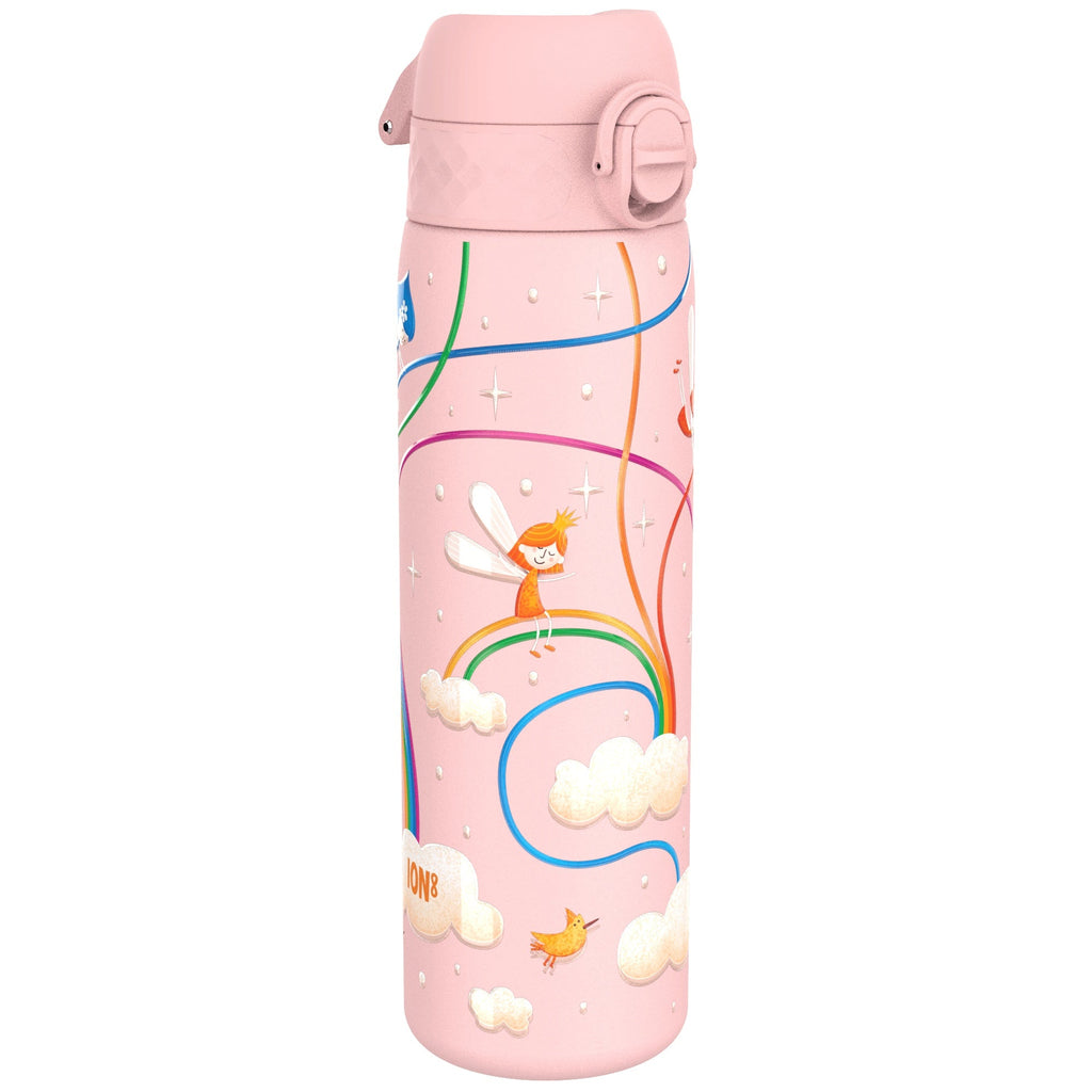 Ion8 leak-proof stainless steel water bottle with fairy design, 600ml (20oz) slim water bottle for hydration on the go.