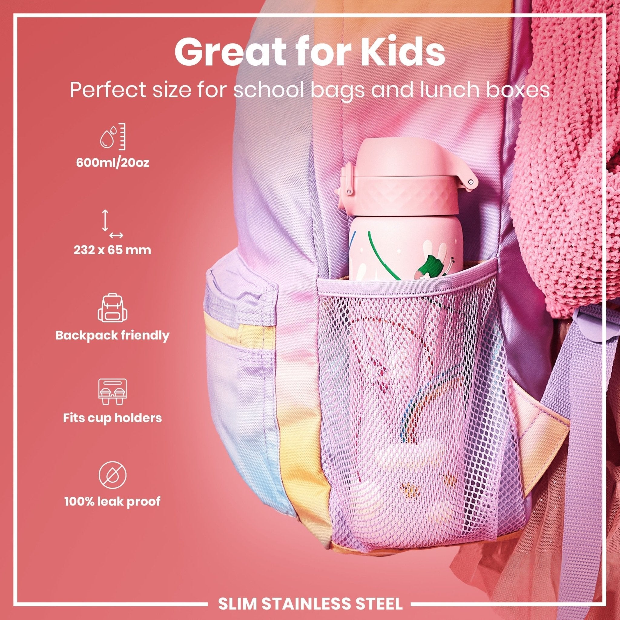 Ion8 leak-proof slim stainless steel water bottle with fairy design, 600ml (20oz) capacity, durable and stylish for everyday use.
