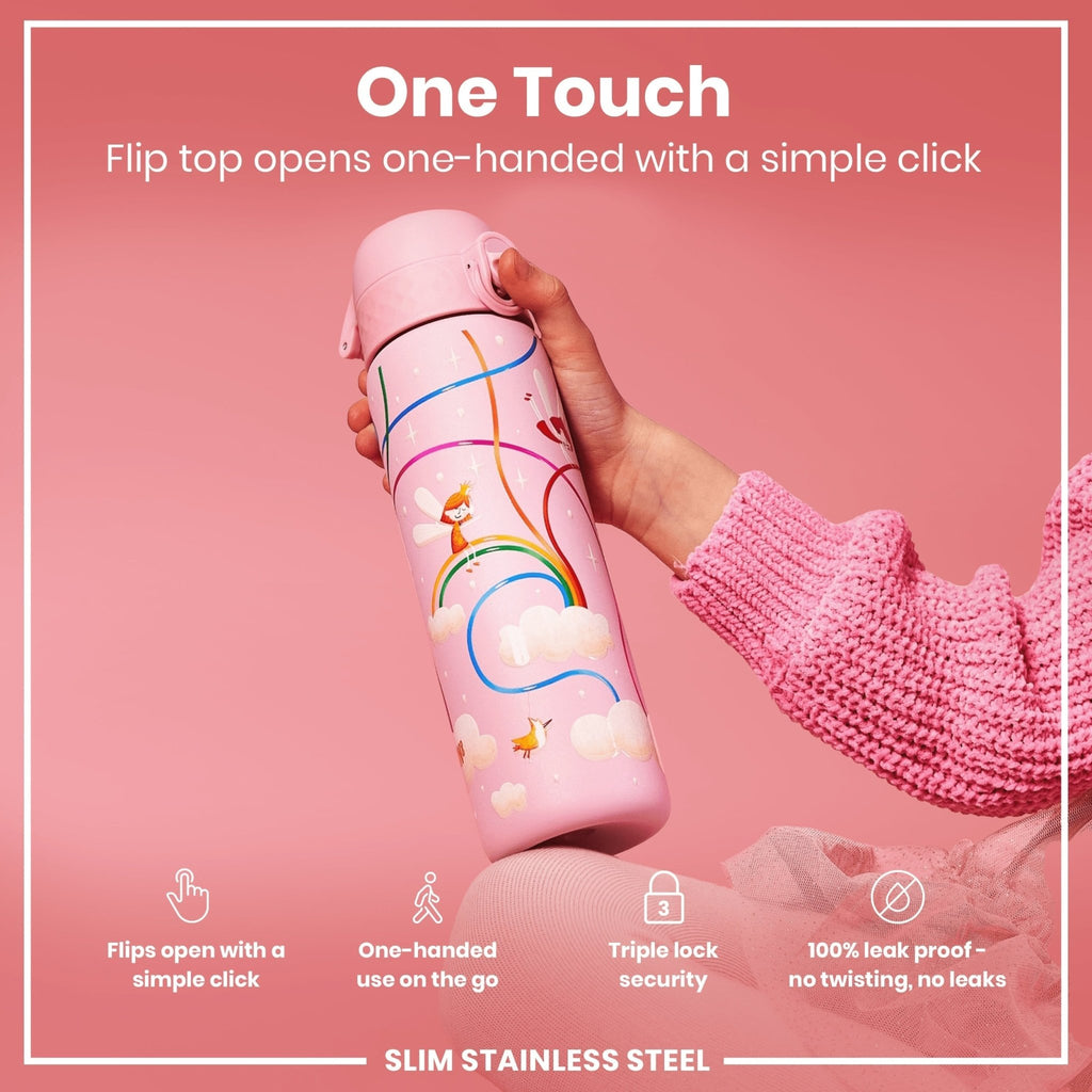 Ion8 leak-proof stainless steel water bottle with fairy design, 600ml capacity, slim and durable for everyday hydration.