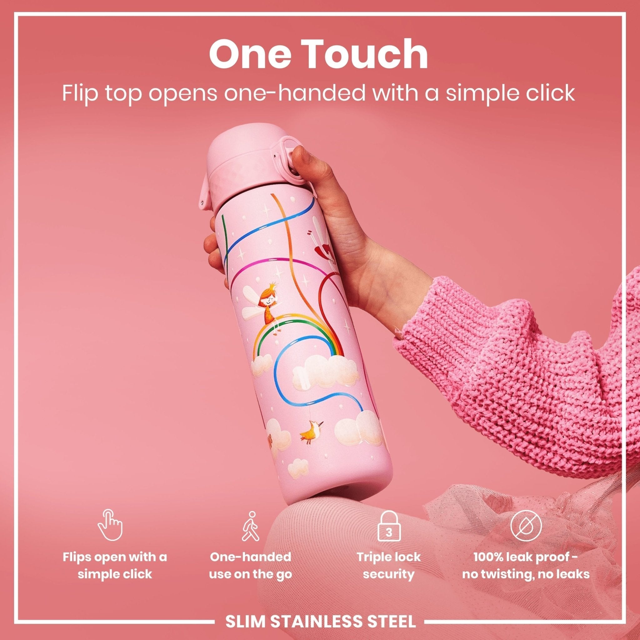 Ion8 leak-proof stainless steel water bottle with fairy design, 600ml capacity, slim and durable for everyday hydration.