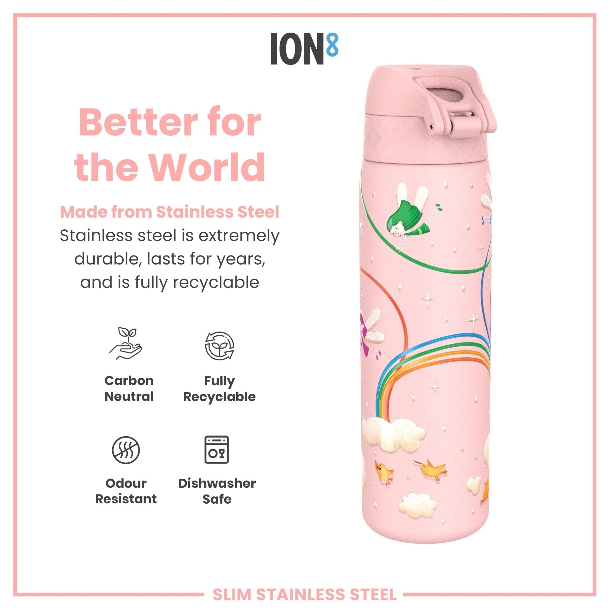 Stainless steel leak-proof water bottle with fairy design, 600ml (20oz) capacity, by ION8, featuring a slim, durable water bottle shape.