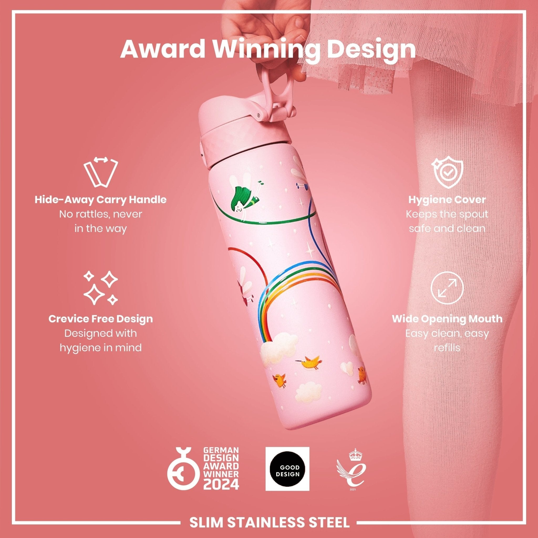Ion8 stainless steel leak-proof slim water bottle with fairy design, 600ml (20oz) capacity, ideal for daily hydration.