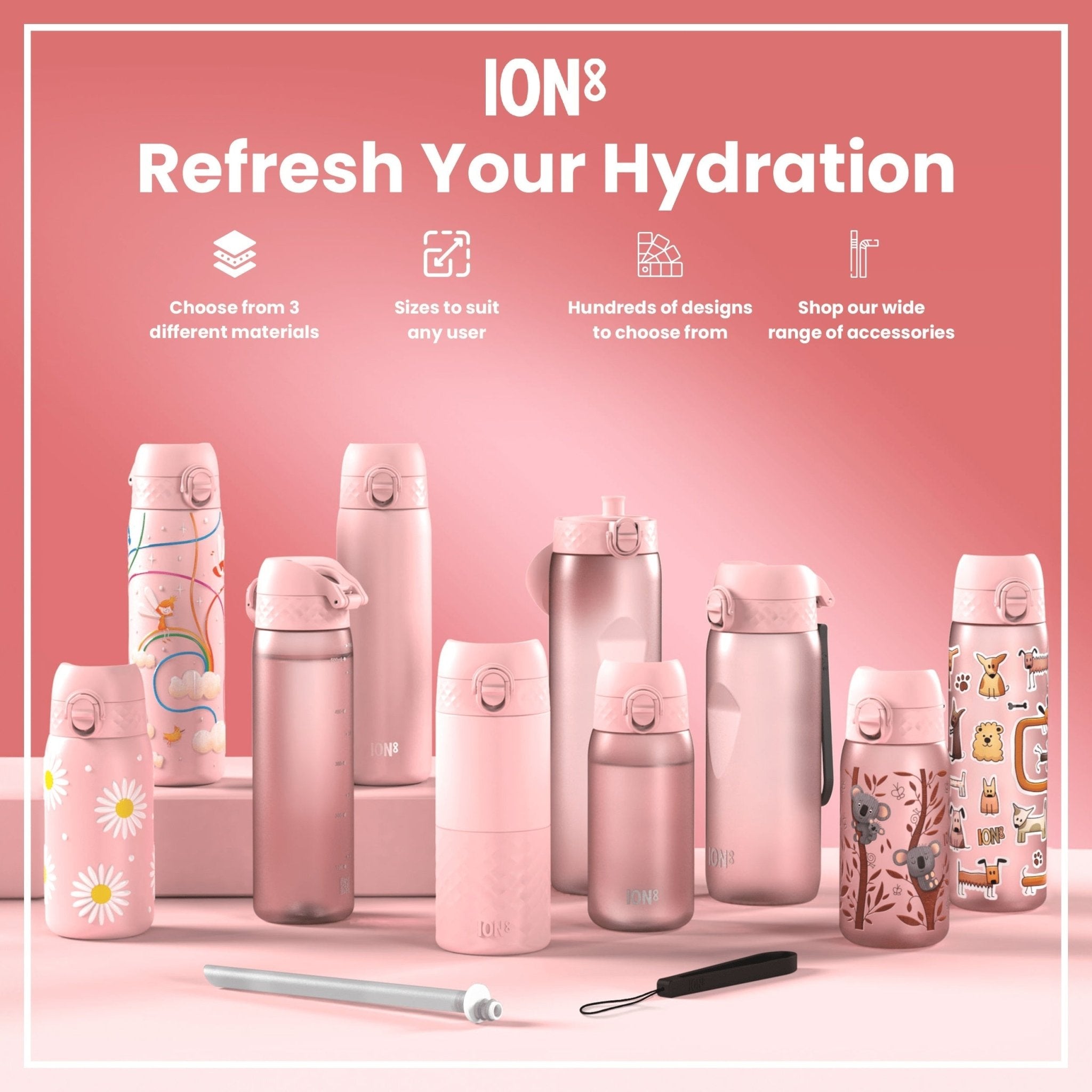 Leak-proof ION8 stainless steel water bottle with fairy design, 600ml (20oz) capacity, slim and durable for daily use.