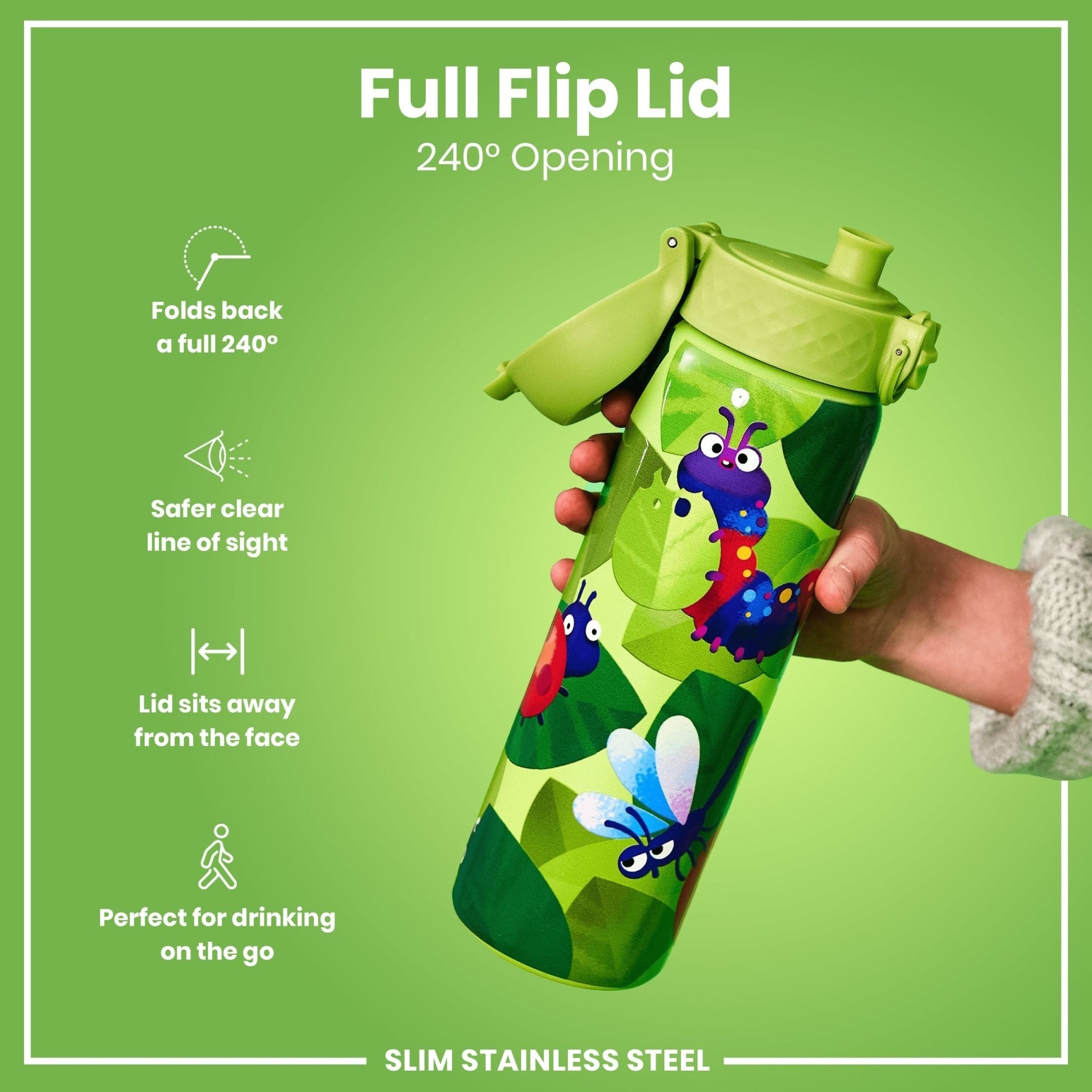 Ion8 leak-proof slim stainless steel water bottle with Bugs Life design, 600ml (20oz) for durable hydration.