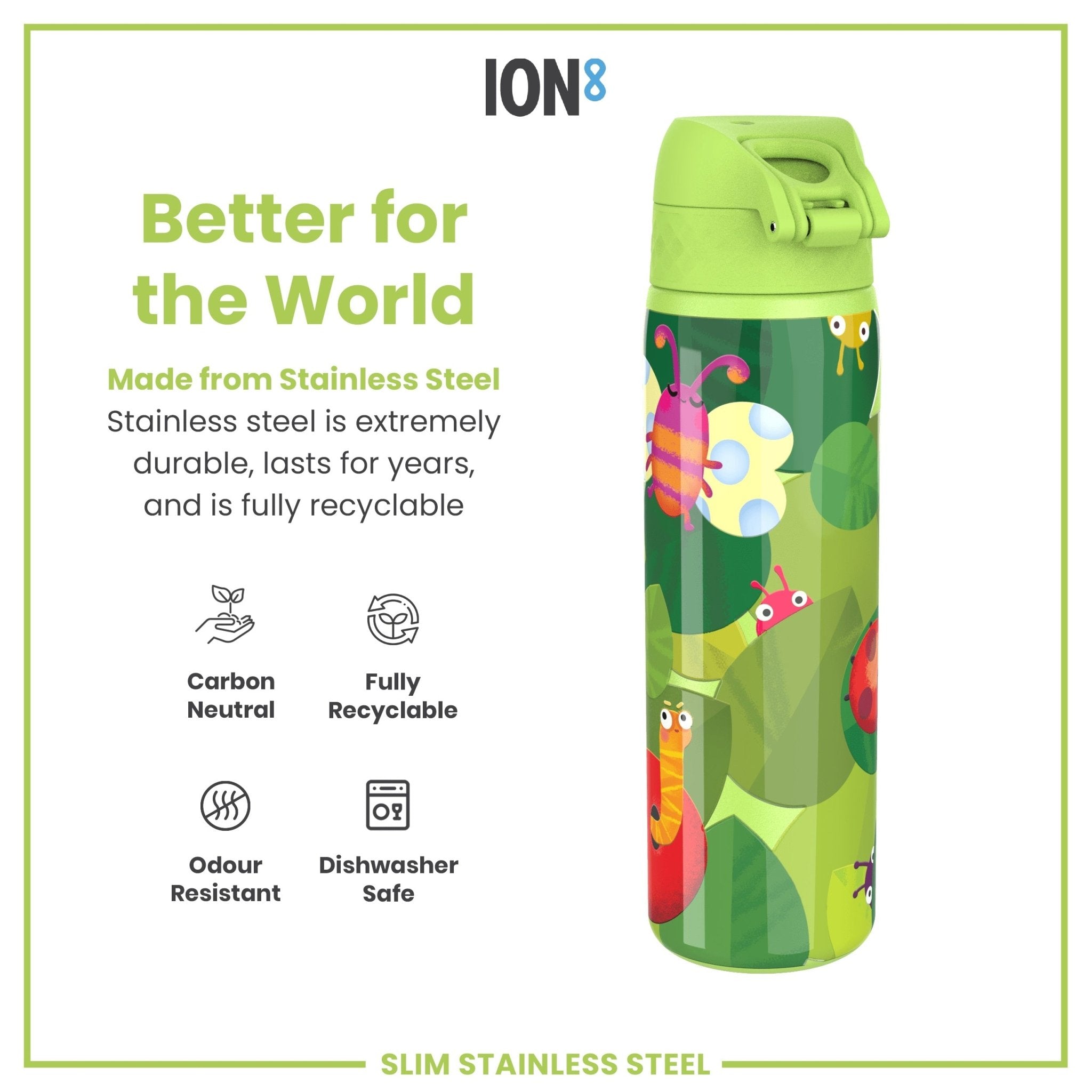 Ion8 leak-proof stainless steel water bottle featuring a Bugs Life design, 600ml capacity, slim and durable for on-the-go hydration.