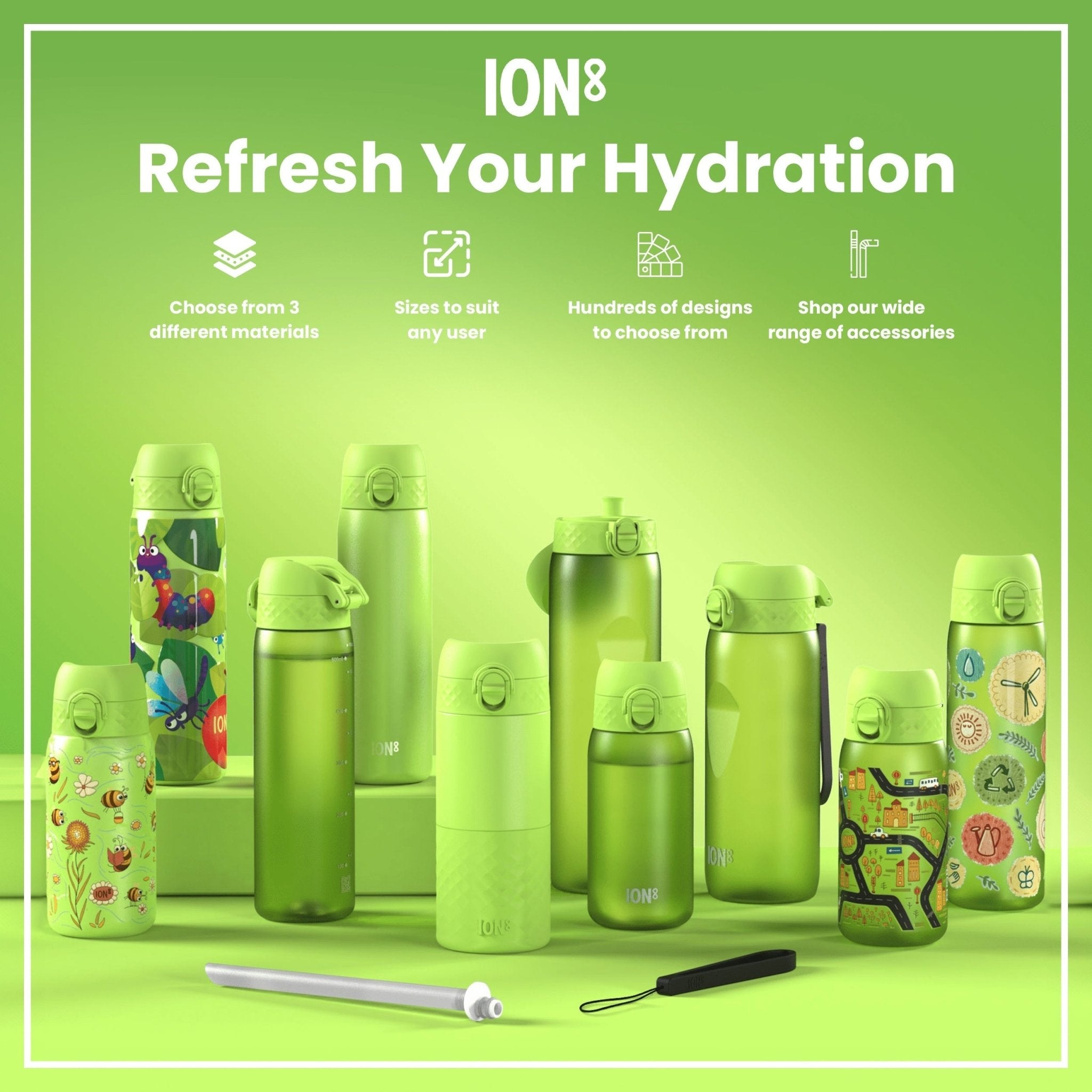 Ion8 leak-proof slim stainless steel water bottle with Bugs Life design, 600ml (20oz), durable and portable for hydration.