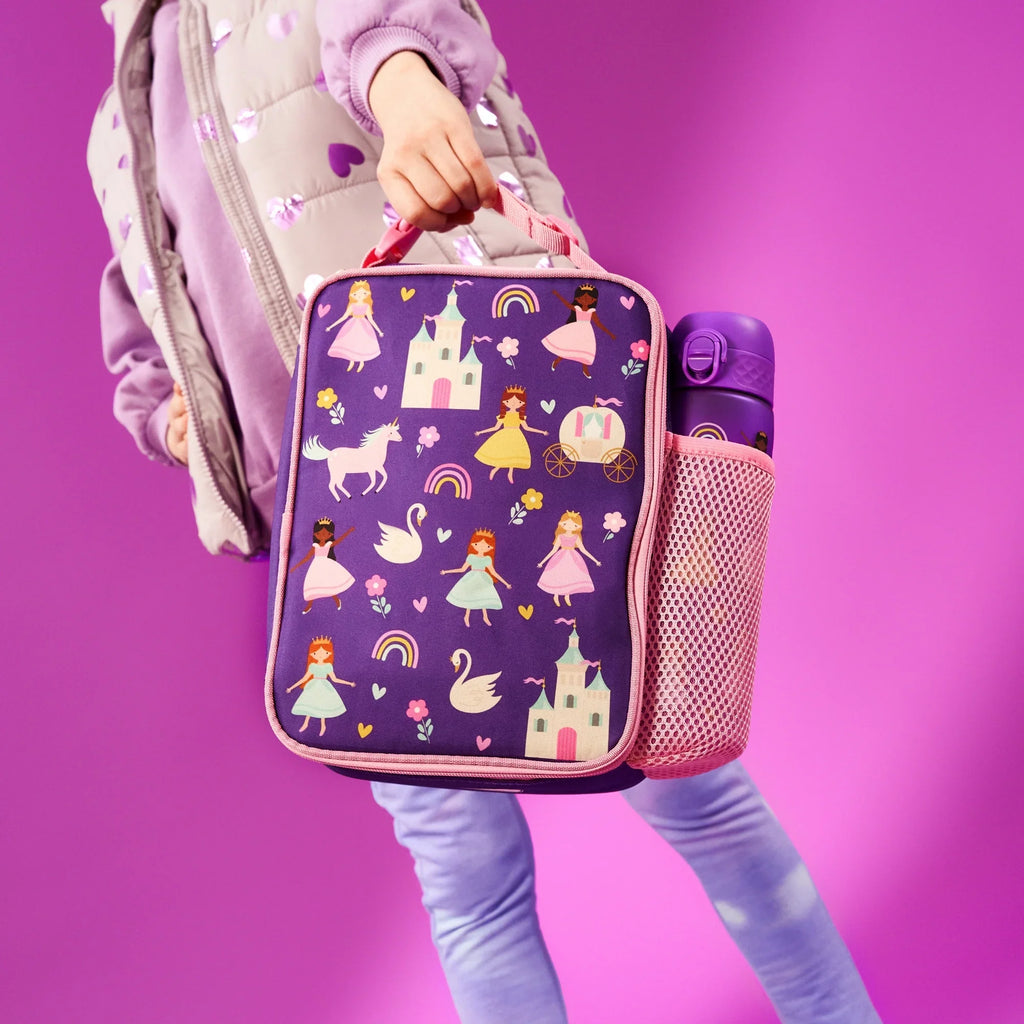 Kids insulated lunch bag featuring a princess design by ION8, medium-sized with colorful princess illustrations on the front.