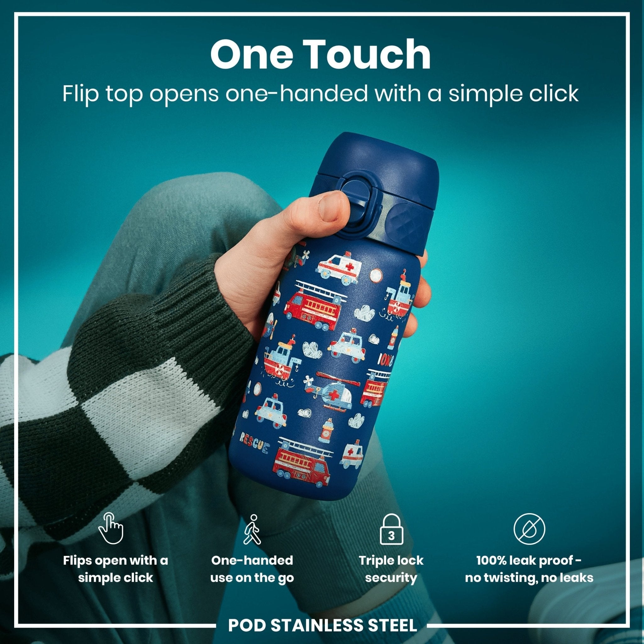 ION8 leak-proof kids water bottle with rescue vehicle design, 400ml stainless steel steel water bottle for children