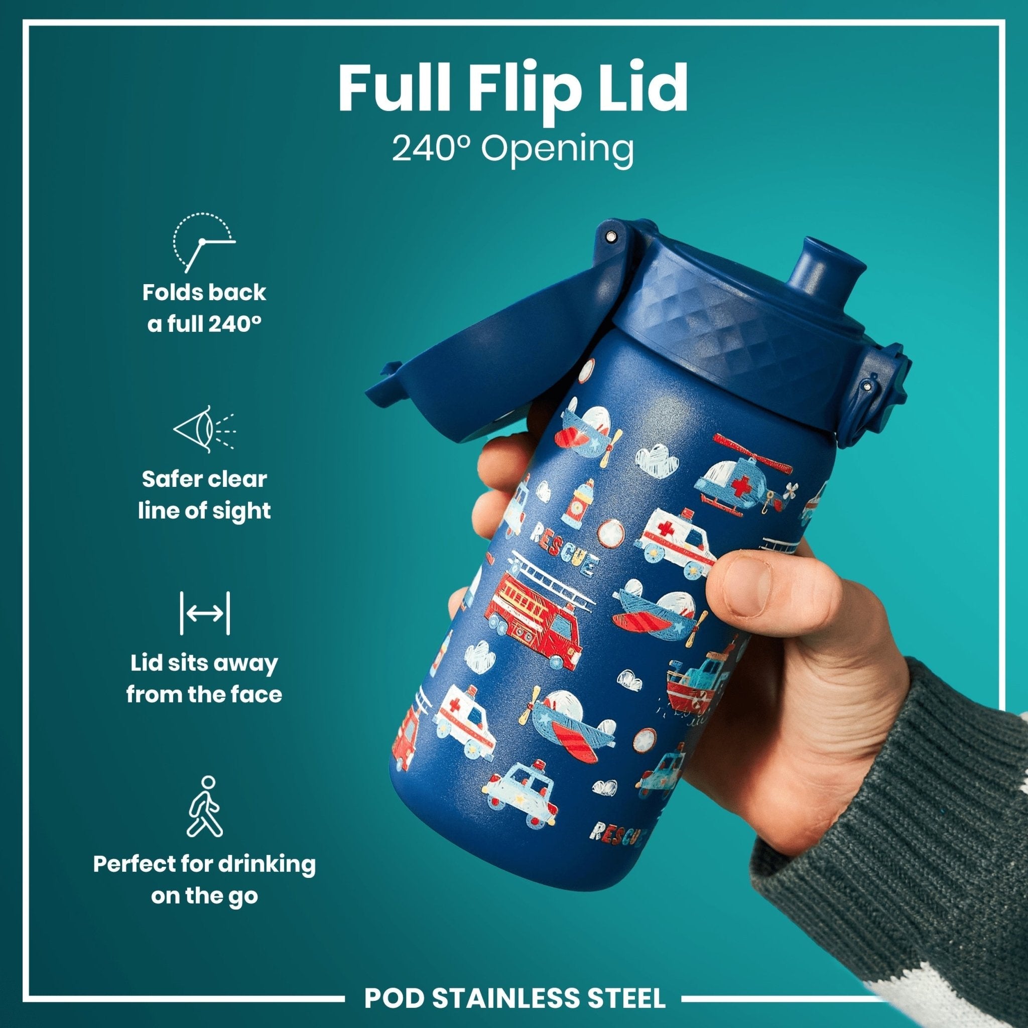 ION8 stainless steel leak-proof kids water bottle featuring rescue vehicle design, 400ml capacity, ideal for children.