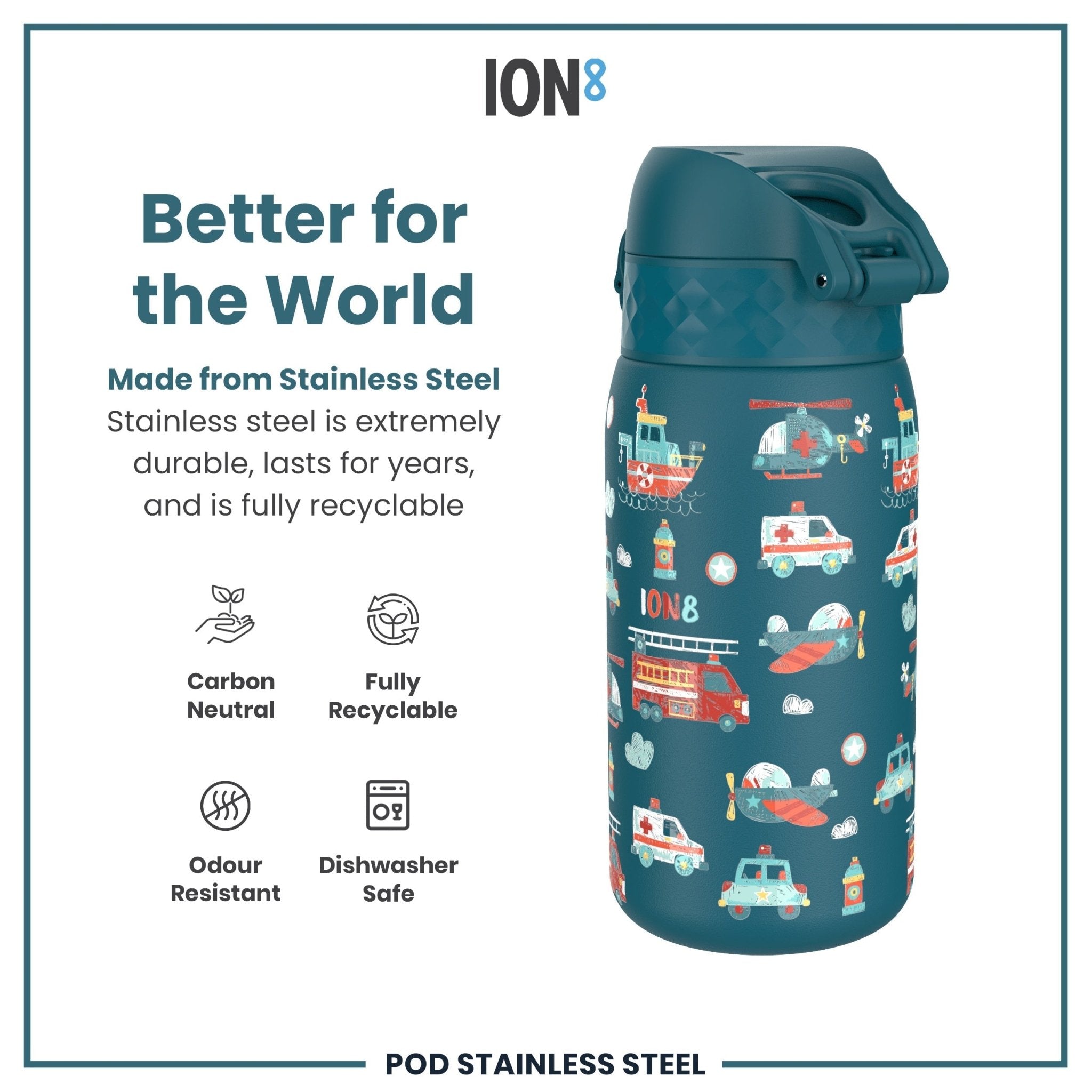 ION8 leak-proof kids water bottle with rescue vehicle design, stainless steel, 400ml capacity, durable and child-friendly.