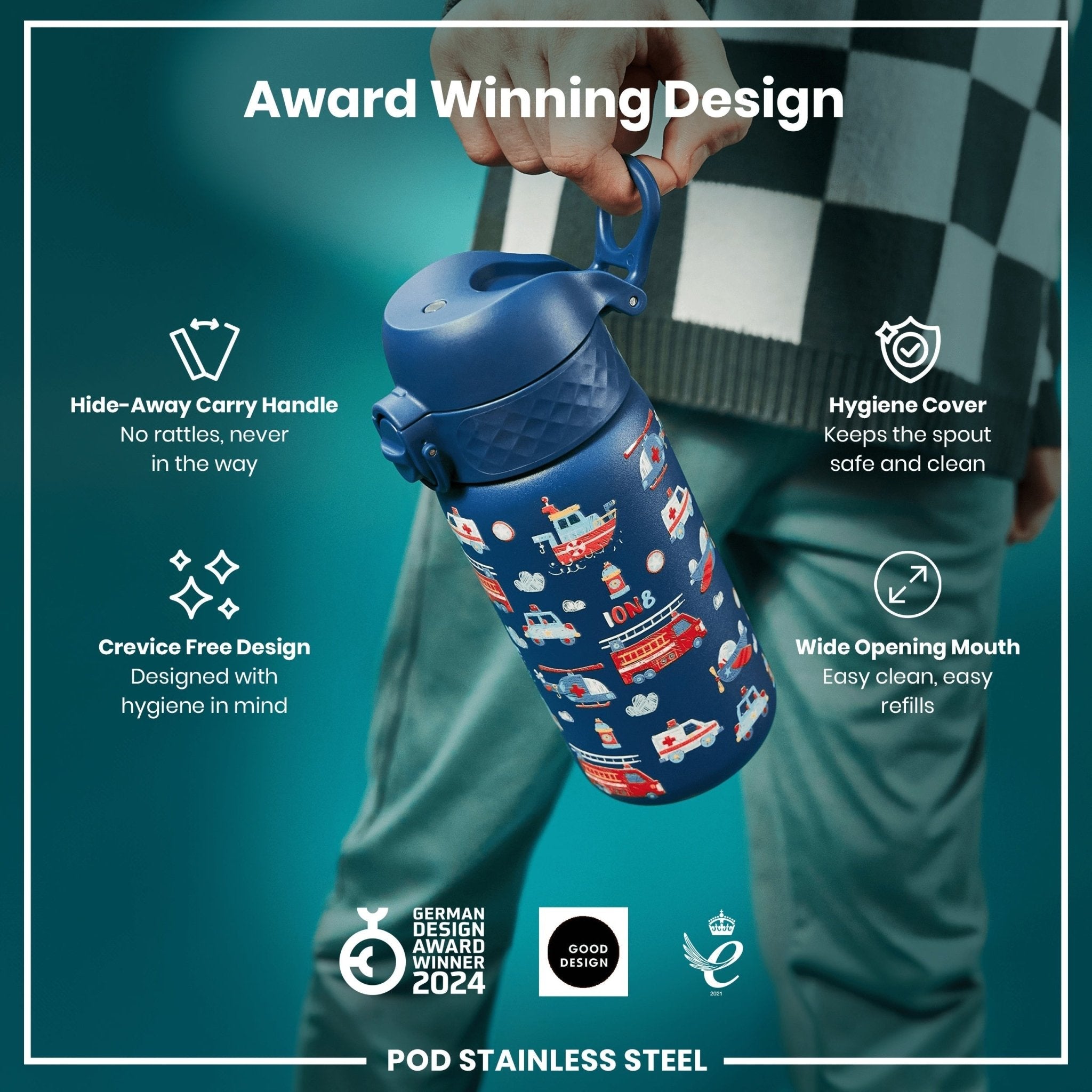 ION8 stainless steel leak-proof kids water bottle featuring rescue vehicle design, 400ml capacity, ideal for active children.