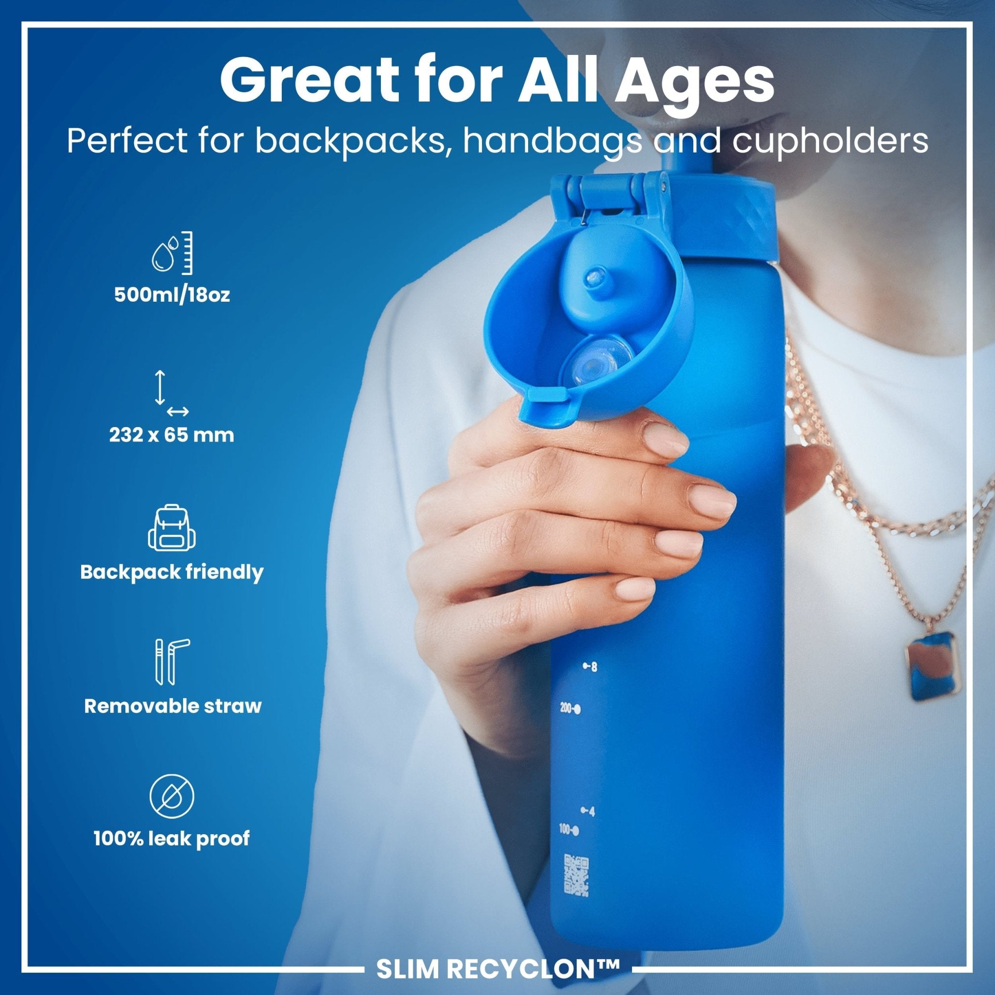 Blue ION8 Recyclon leak-proof medium water bottle with straw, 500ml (18oz), showing the bottle with straw and secure lid.