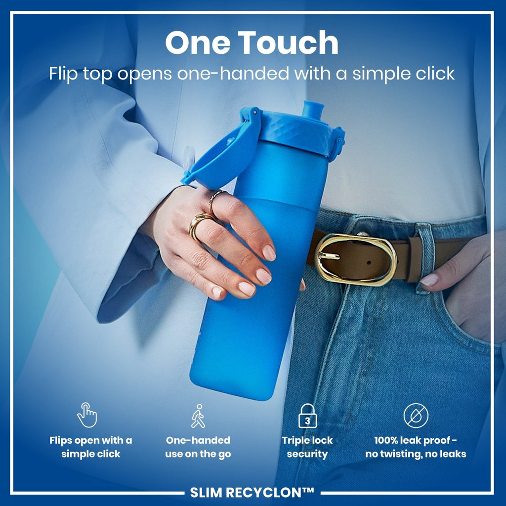 Blue ION8 Recyclon leak-proof medium water bottle with straw, 500ml (18oz), made of recyclable materials.