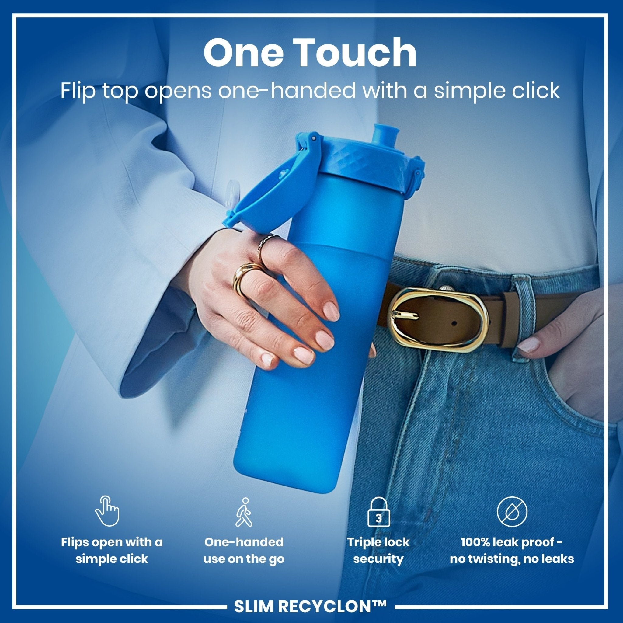 Blue ION8 Recyclon leak-proof medium water bottle with straw, 500ml (18oz), made of recyclable materials.