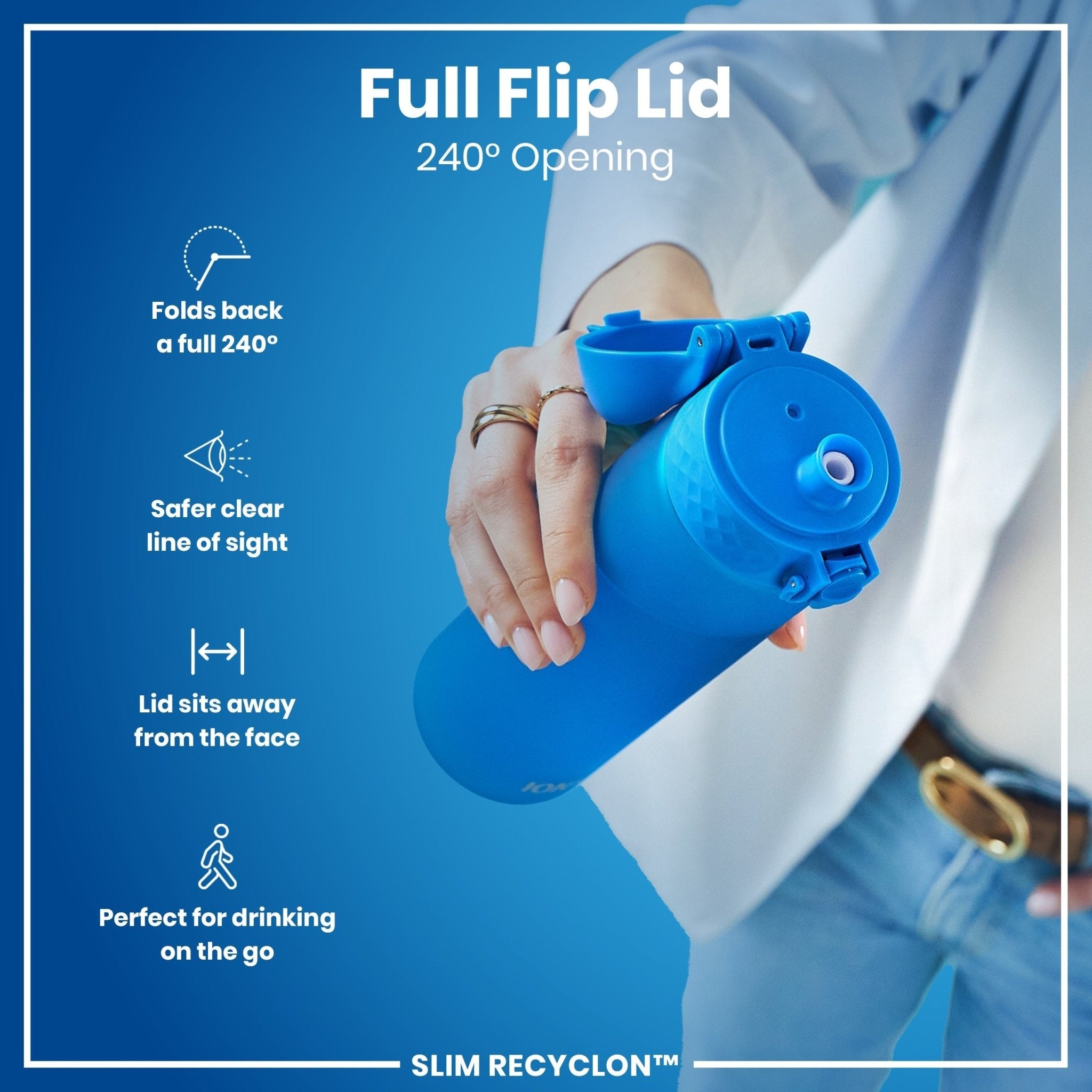 Blue ION8 Recyclon leak-proof medium water bottle with straw, 500ml (18oz), showcasing a sleek, reusable design