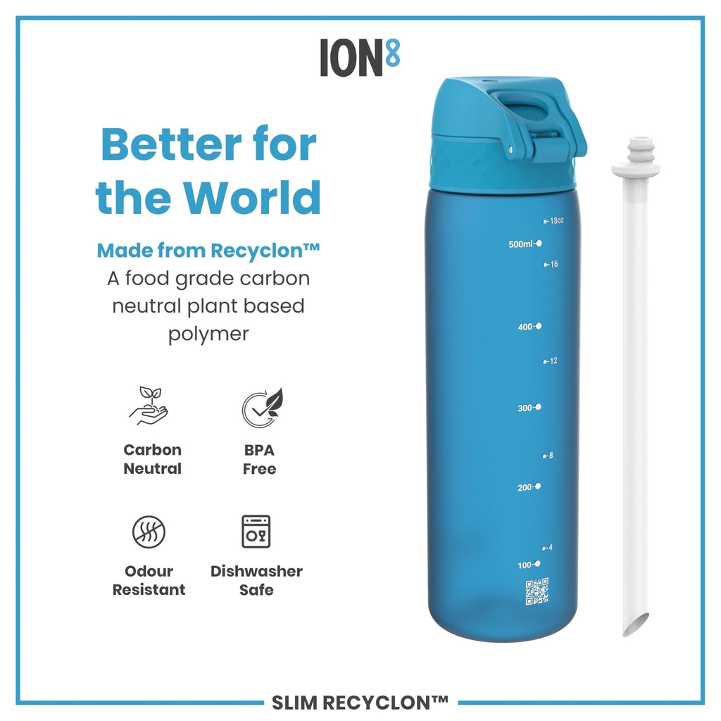 Blue ION8 Recyclon leak-proof medium water bottle with straw, 500ml (18oz), featuring a sleek design and durable plastic construction.