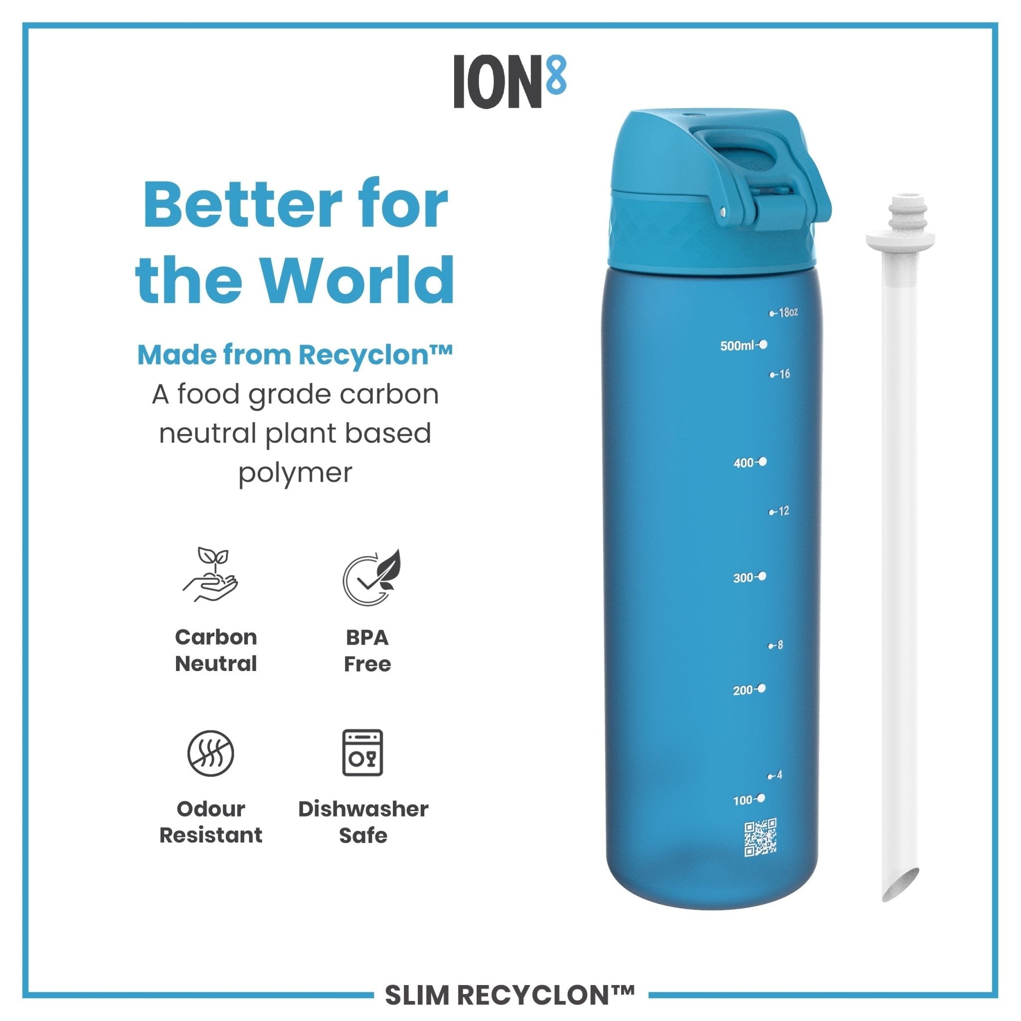Blue ION8 Recyclon leak-proof medium water bottle with straw, 500ml (18oz), featuring a sleek design and durable plastic construction.