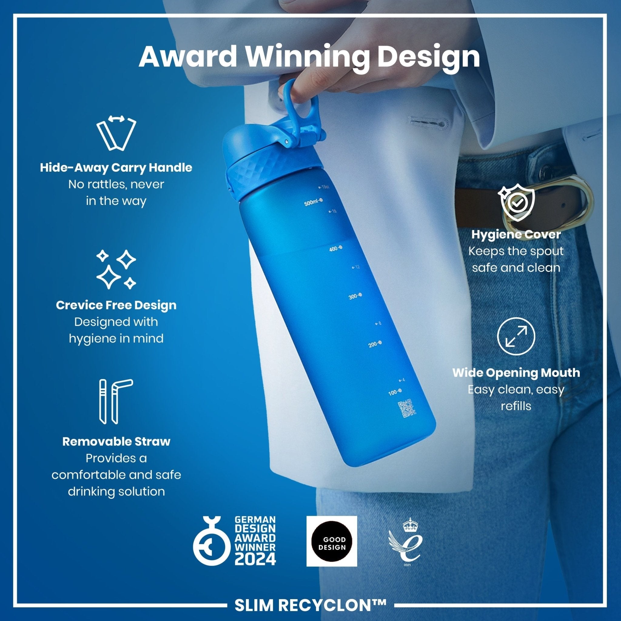 Blue ION8 Leak Proof Medium Water Bottle with Straw, 500ml, Recyclon brand, showing the bottle with straw and leak-proof lid.