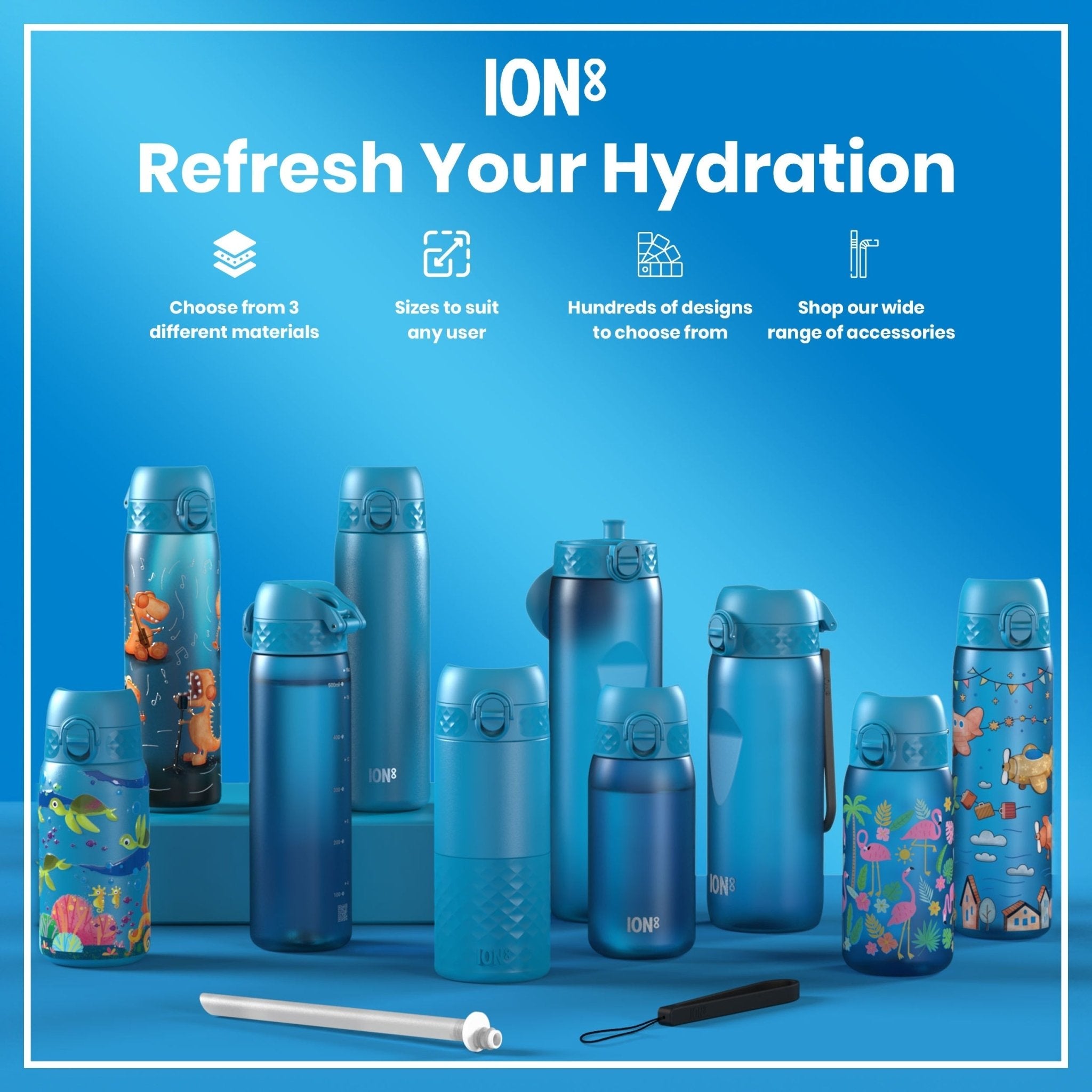 Blue ION8 Recyclon leak-proof medium water bottle with straw, 500ml (18oz), made from recyclable materials.