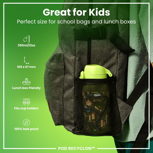 ION8 Recyclon leak-proof kids water bottle with Cars design, 350ml (12oz) made for children, durable and easy to carry.