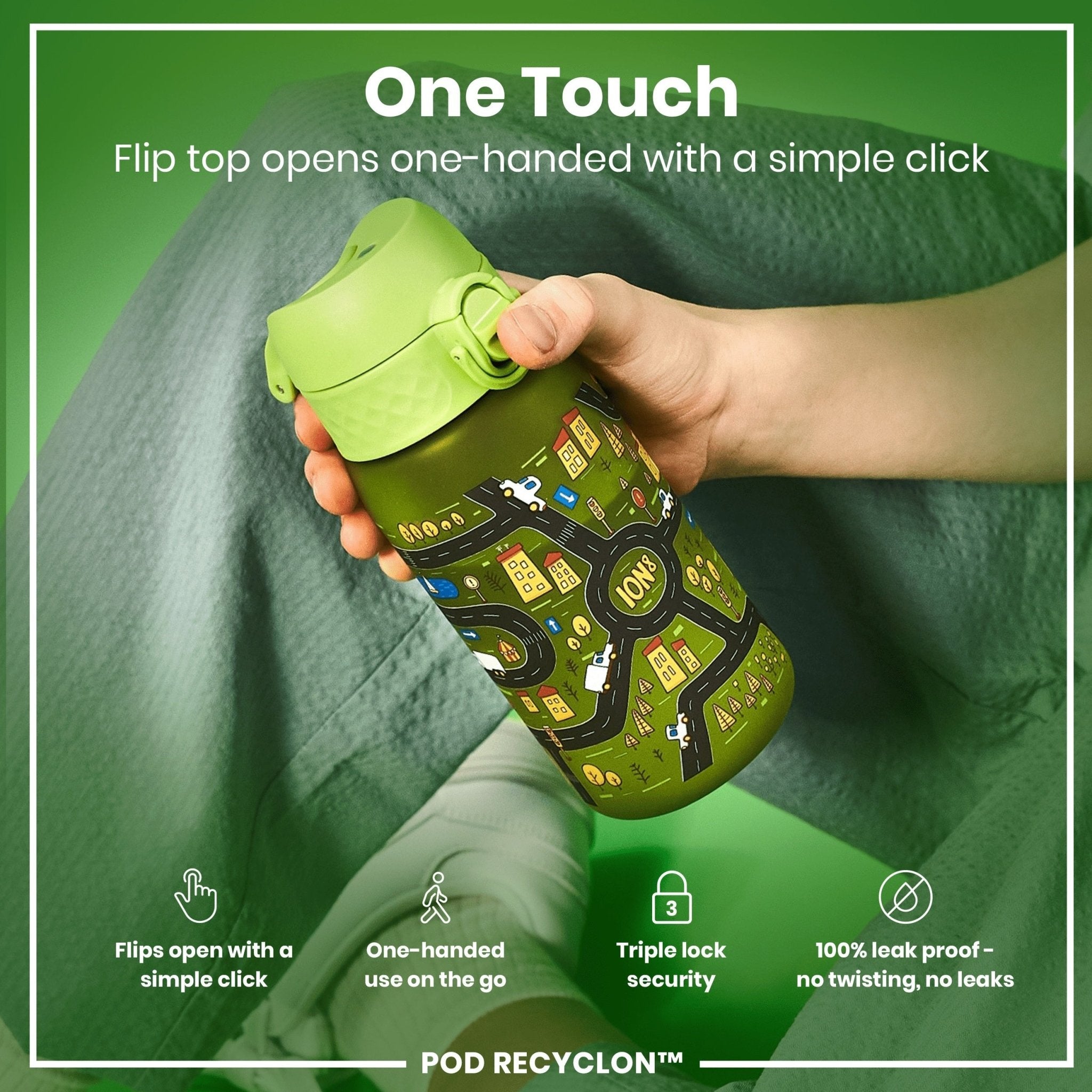 ION8 Recyclon leak-proof kids water bottle with cars design, 350ml (12oz), made for children, durable and safe for everyday use.