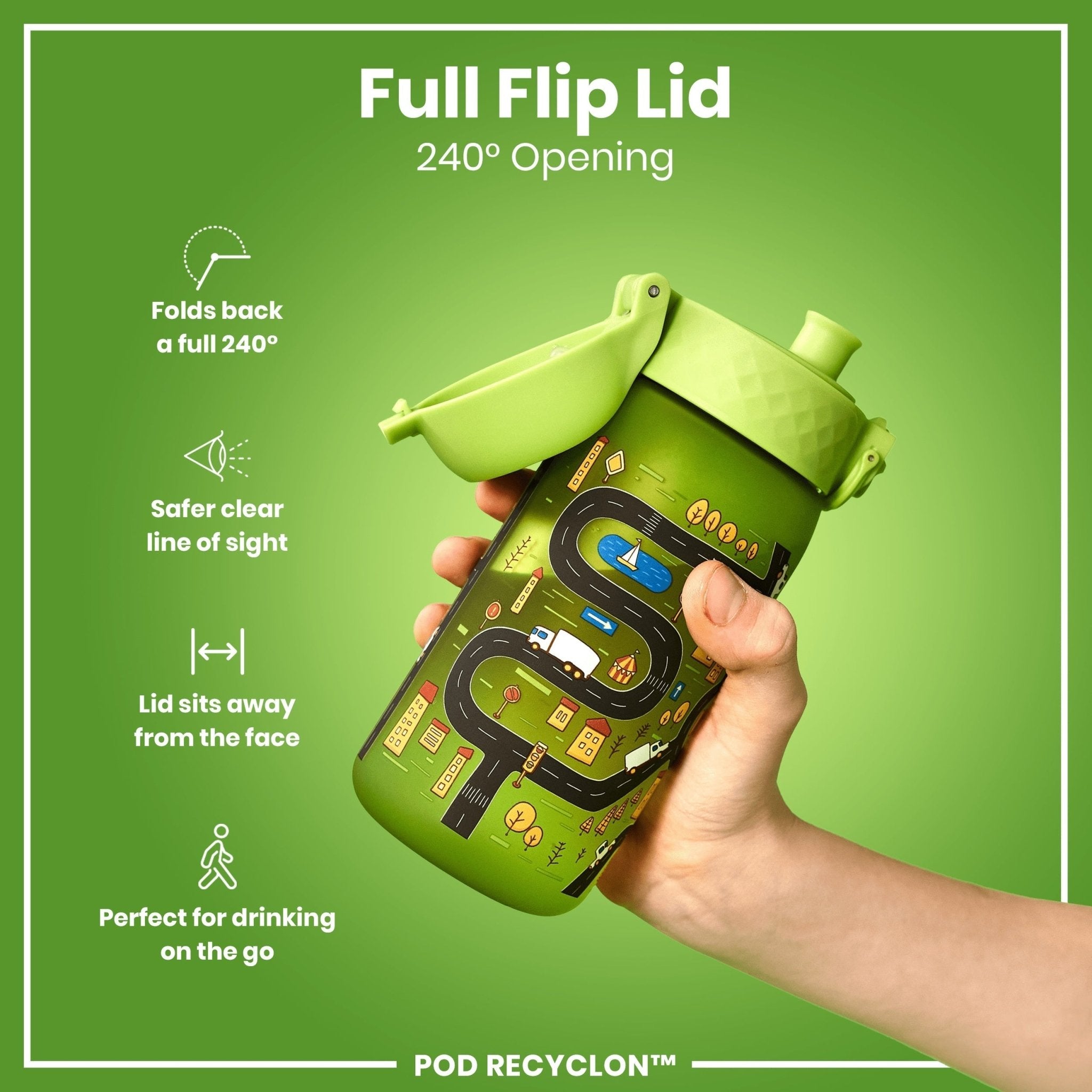 Ion8 Recyclon leak-proof kids water bottle with cars design, 350ml (12oz), featuring a secure lid and colorful car illustrations.