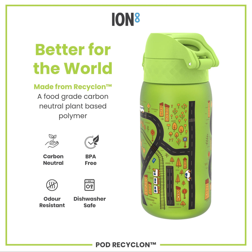 ION8 Recyclon leak-proof kids water bottle with cars design, 350ml capacity, featuring a secure lid for easy drinking.