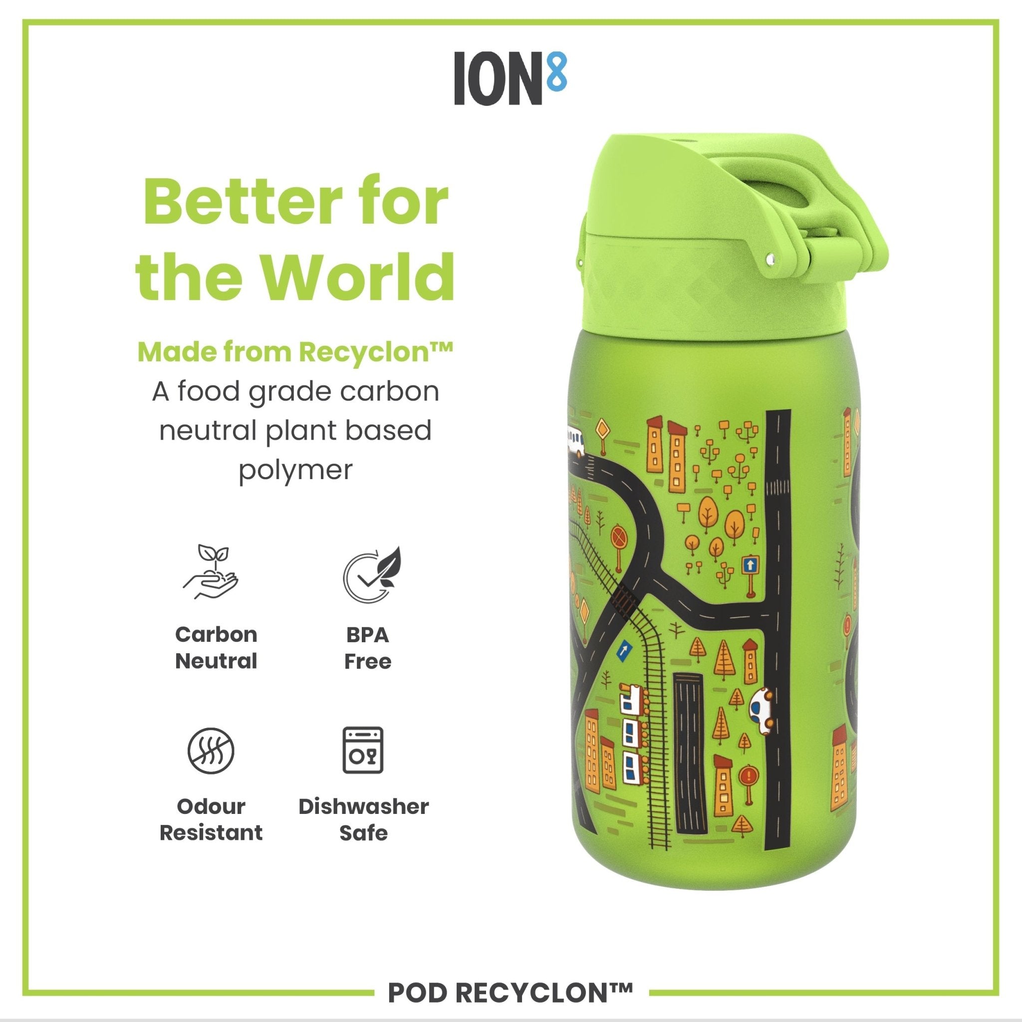 ION8 Recyclon leak-proof kids water bottle with cars design, 350ml capacity, featuring a secure lid for easy drinking.