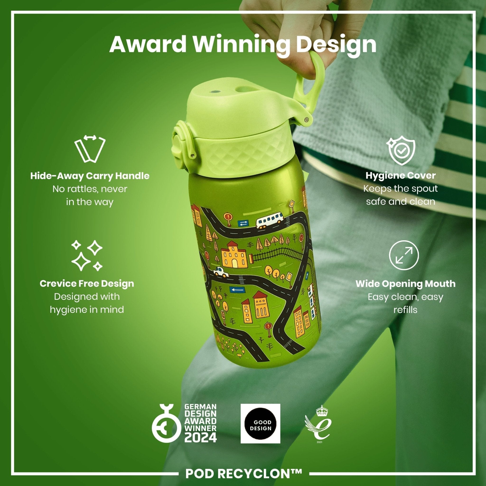 ION8 Recyclon leak-proof kids water bottle with cars design, 350ml (12oz), durable and eco-friendly for children.