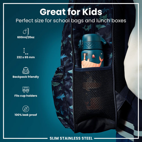 Leak-proof stainless steel water bottle with whale design, 600ml capacity by ION8, featuring a slim, durable water bottle shape.
