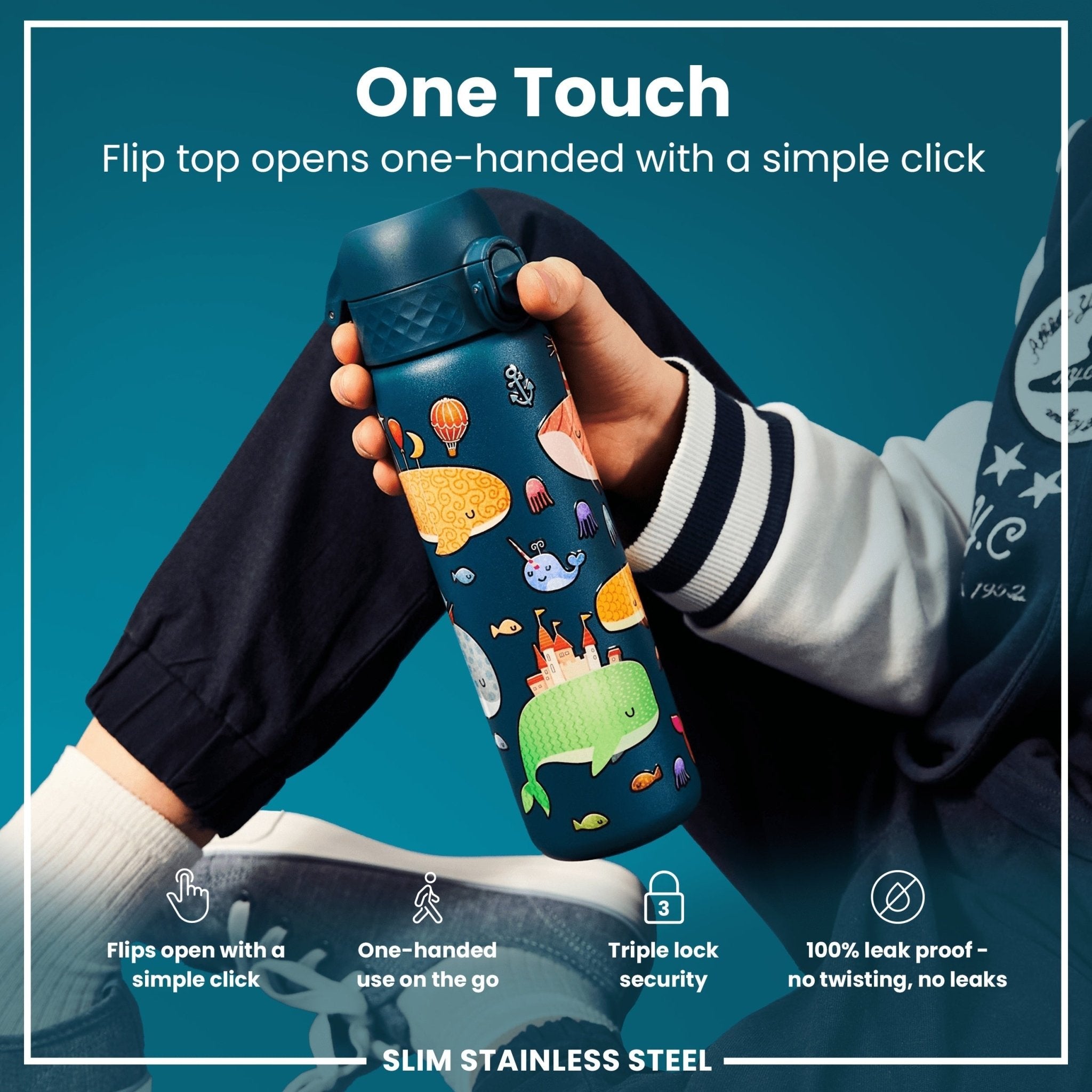Ion8 stainless steel leak-proof water bottle with whale design, 600ml (20oz) slim water bottle for hot and cold beverages.