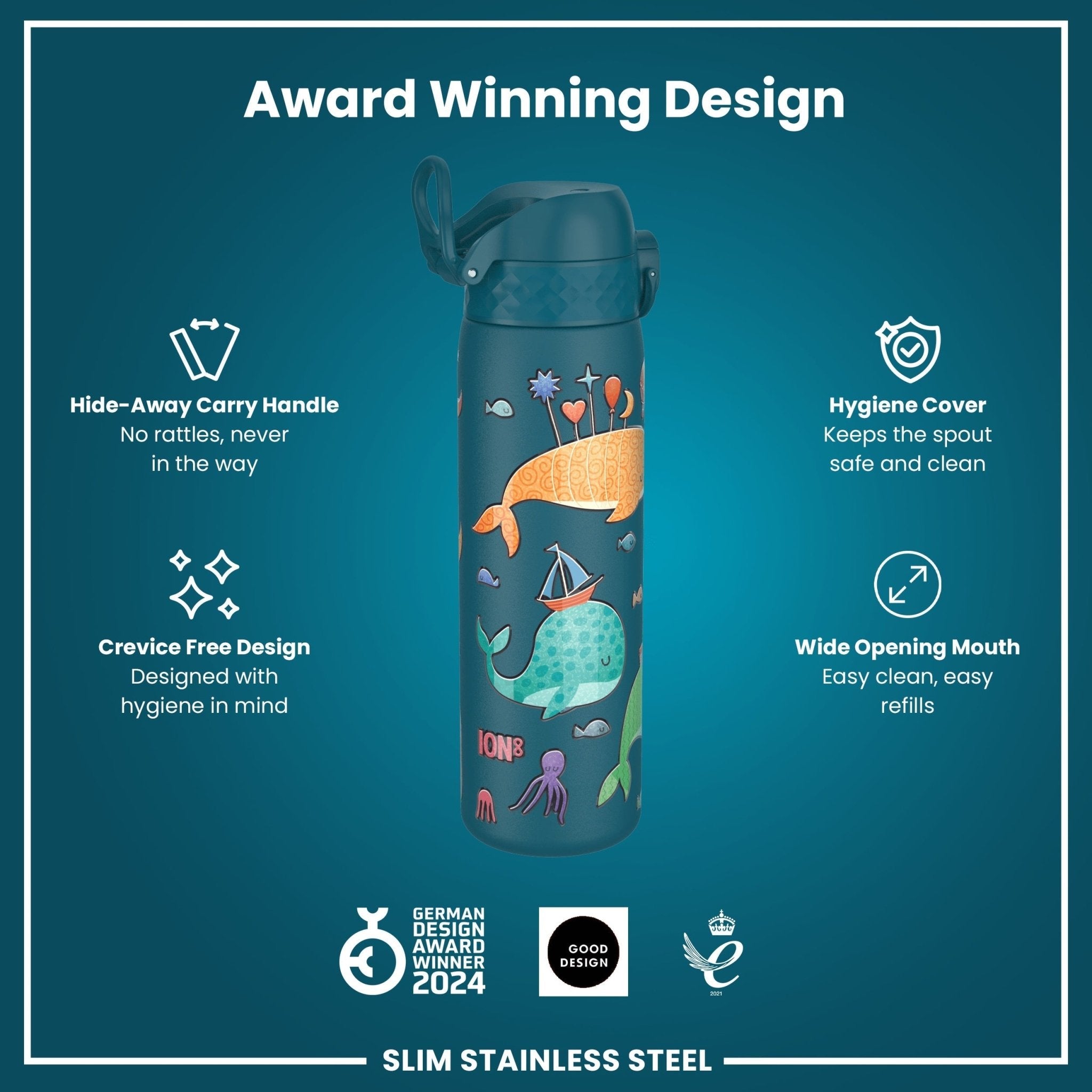 Ion8 leak-proof slim stainless steel water bottle with whale design, 600ml (20oz), ideal for staying hydrated on the go.