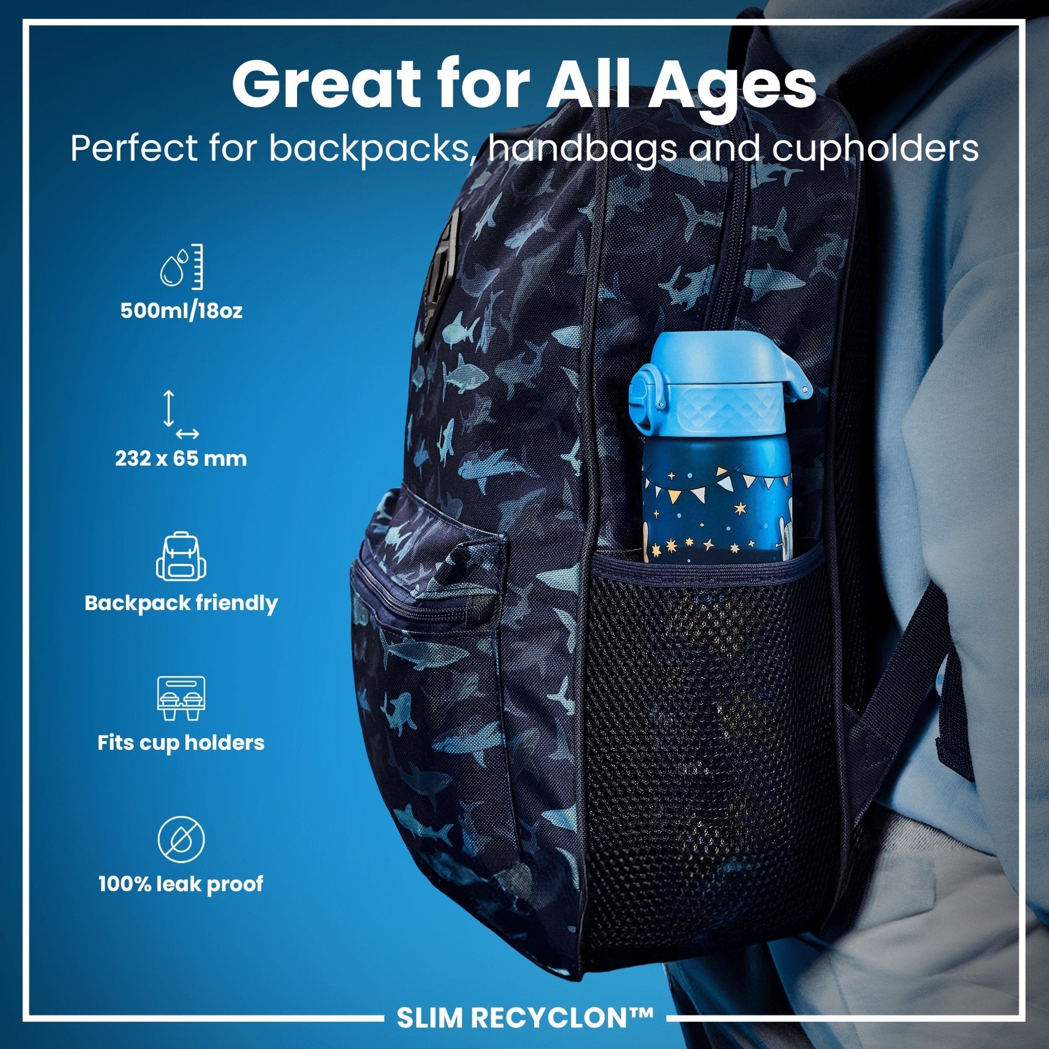 Ion8 leak-proof slim water bottle in 500ml capacity with airplane design, made of recyclable material, stands upright with a secure lid.