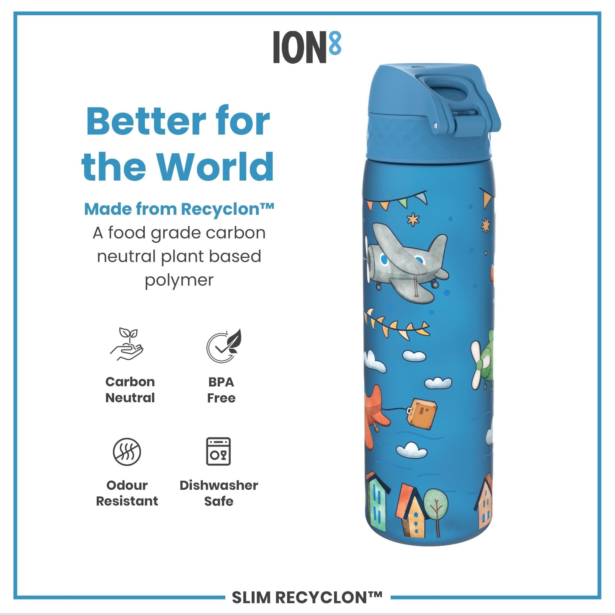 ION8 Recyclon Leak-Proof Slim Water Bottle, 500ml, featuring airplane design, made of recyclable materials, on a white background.