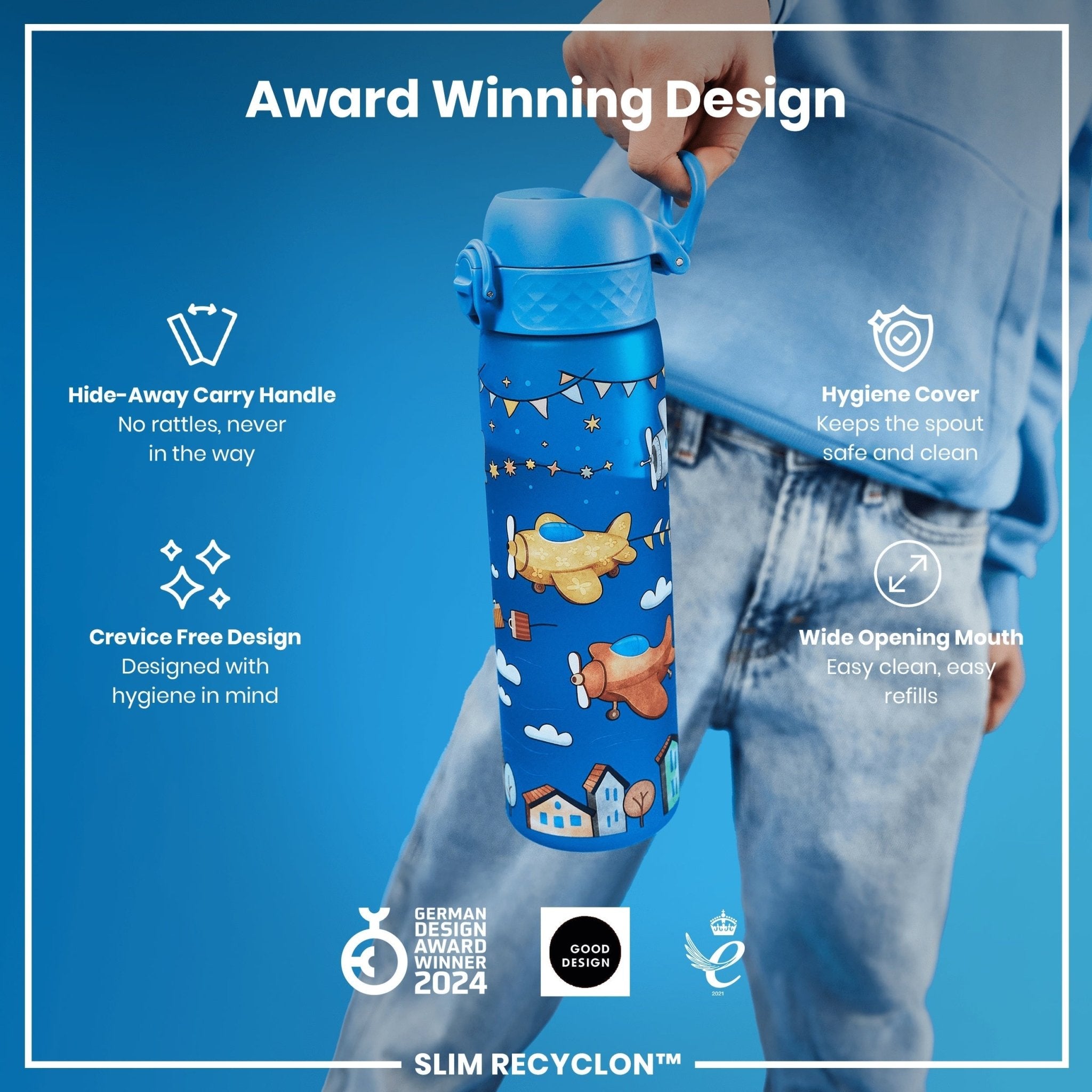 Ion8 Leak Proof Slim Water Bottle, 500ml, recyclable, airplane-themed design, made of durable Recyclon material