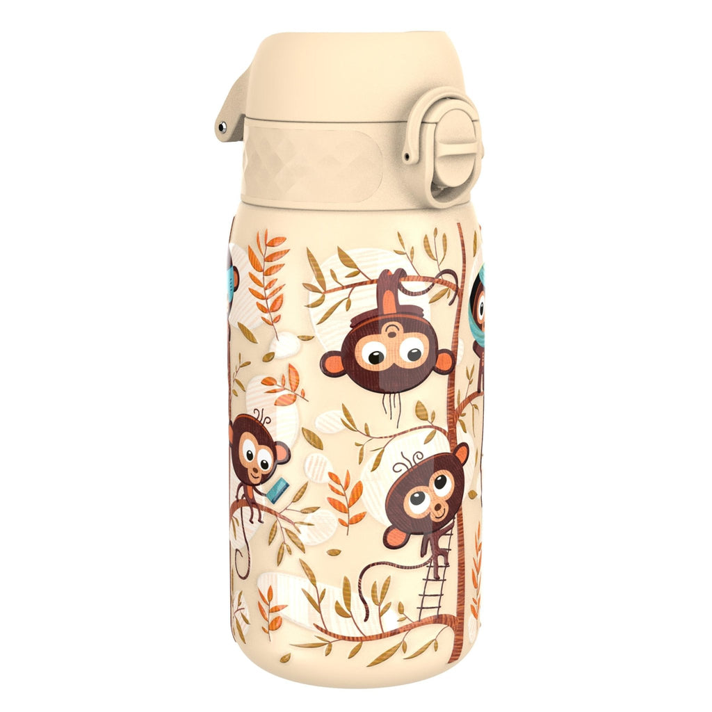 Stainless steel leak-proof kids water bottle with monkey design, 400ml capacity by ION8, featuring a secure lid and playful graphics.