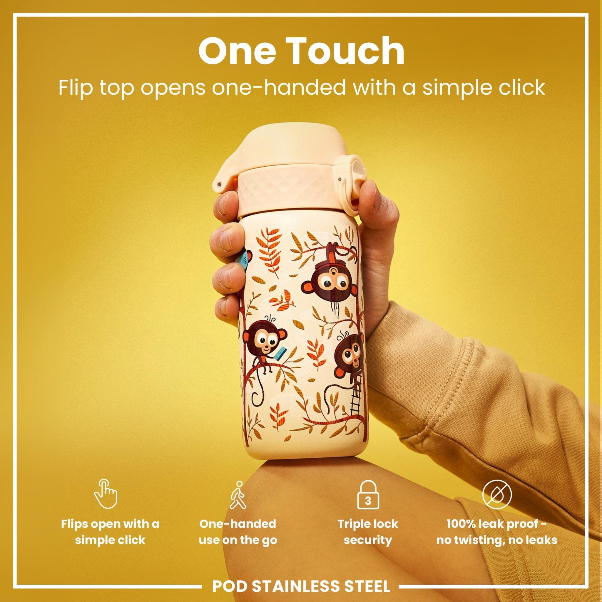 ION8 leak-proof kids water bottle with stainless steel construction featuring playful monkey design, 400ml capacity.