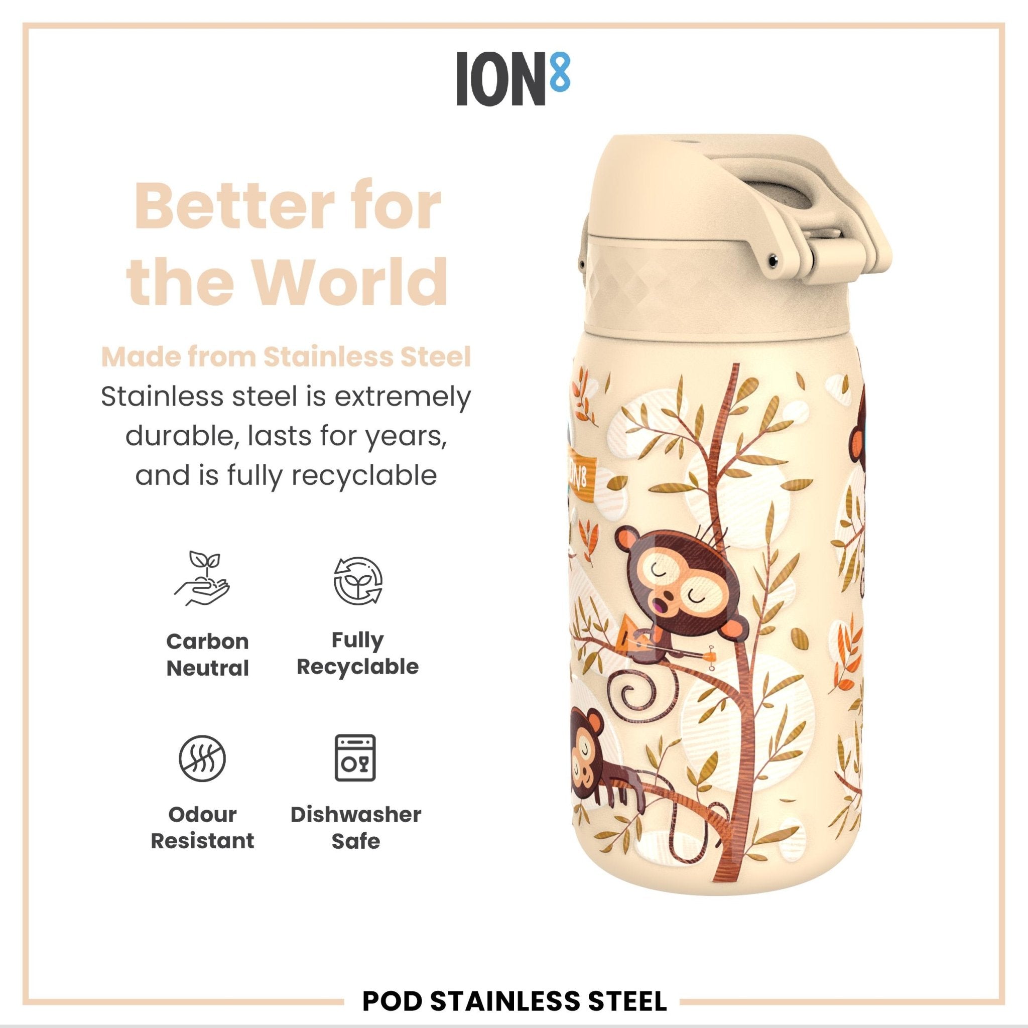 Ion8 stainless steel kids water bottle with monkey design, leak-proof, 400ml capacity, durable and kid-friendly.