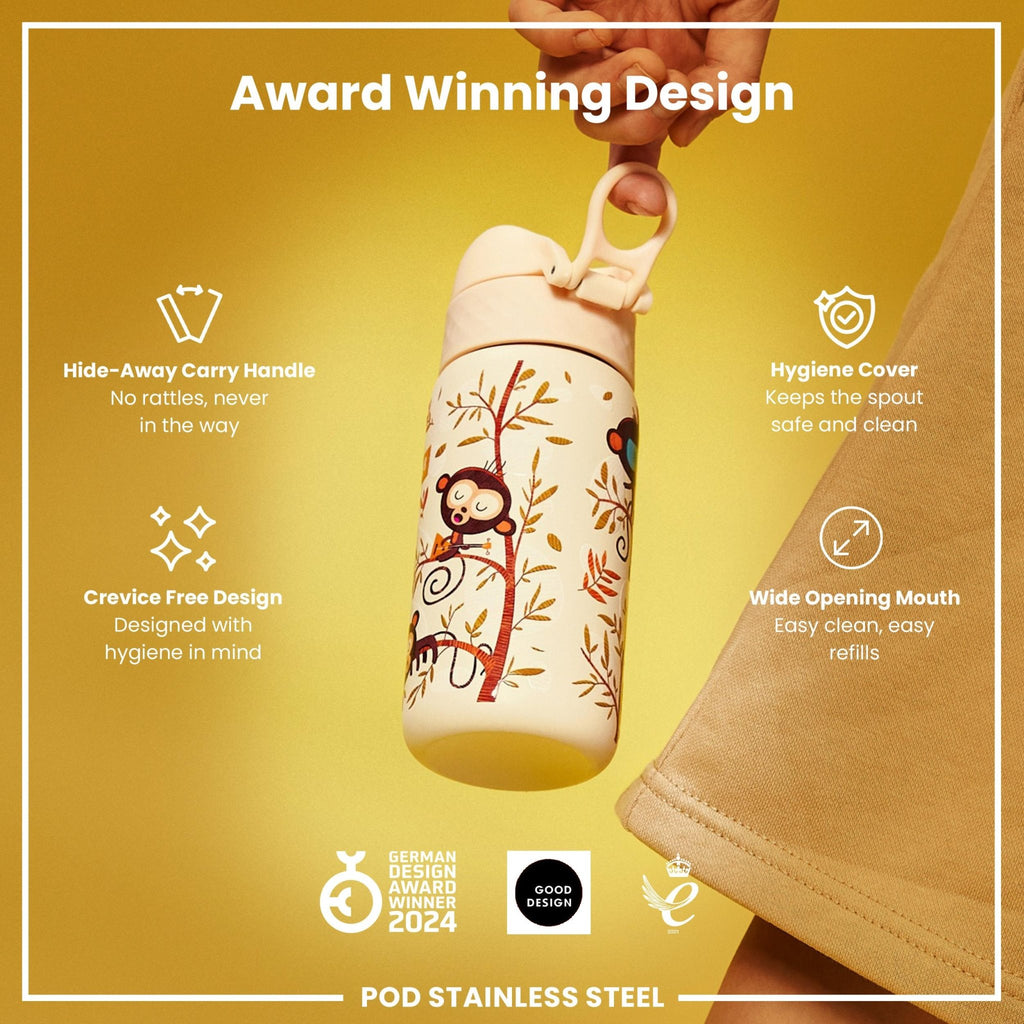 ION8 stainless steel kids water bottle with monkey design, leak-proof 400ml (13oz) capacity, ideal for children.