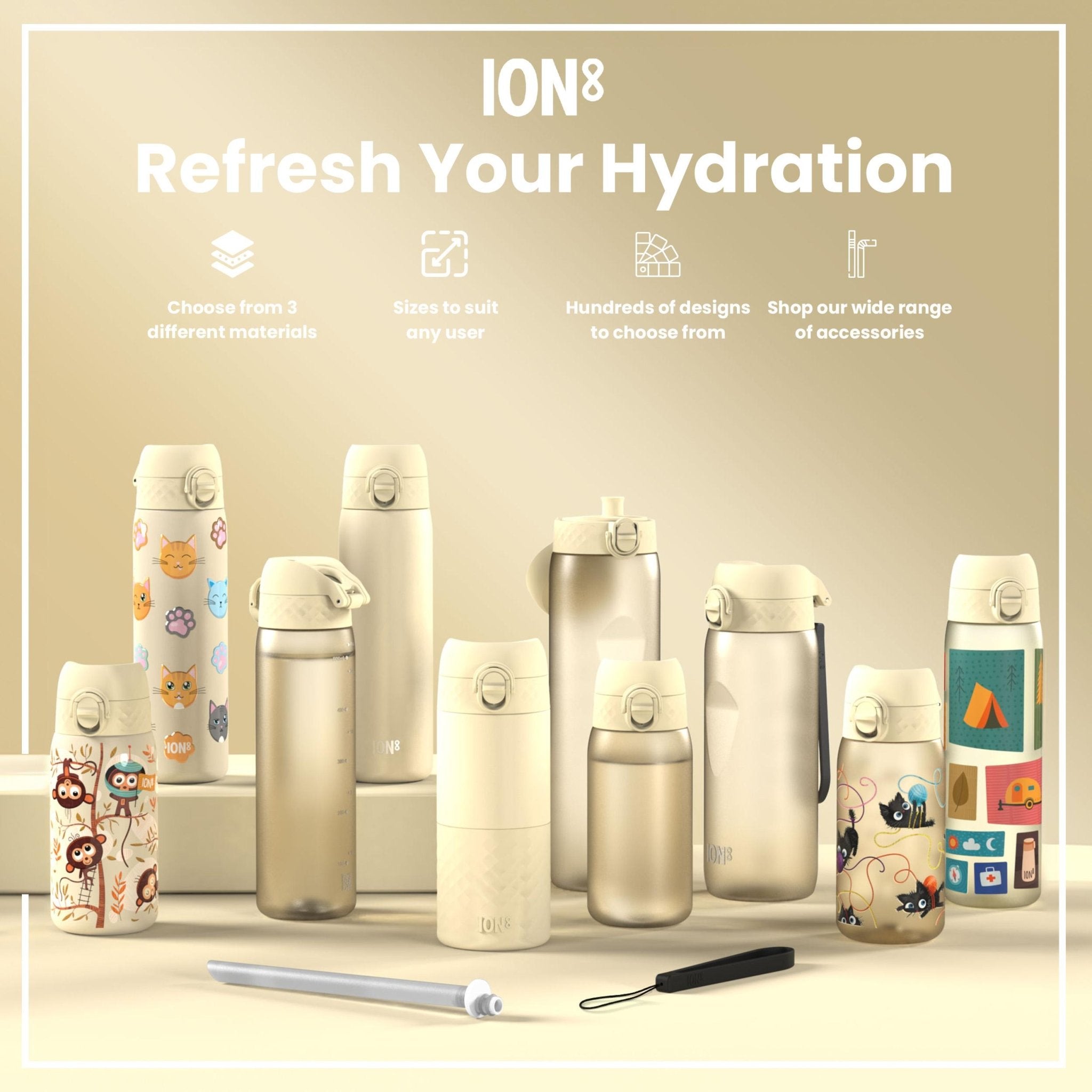 ION8 stainless steel leak-proof kids water bottle with monkey design, 400ml (13oz) capacity, featuring a secure lid and colorful pattern.
