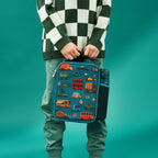 Insulated kids lunch bag featuring colorful automobile design by ION8, medium size for school or outings.