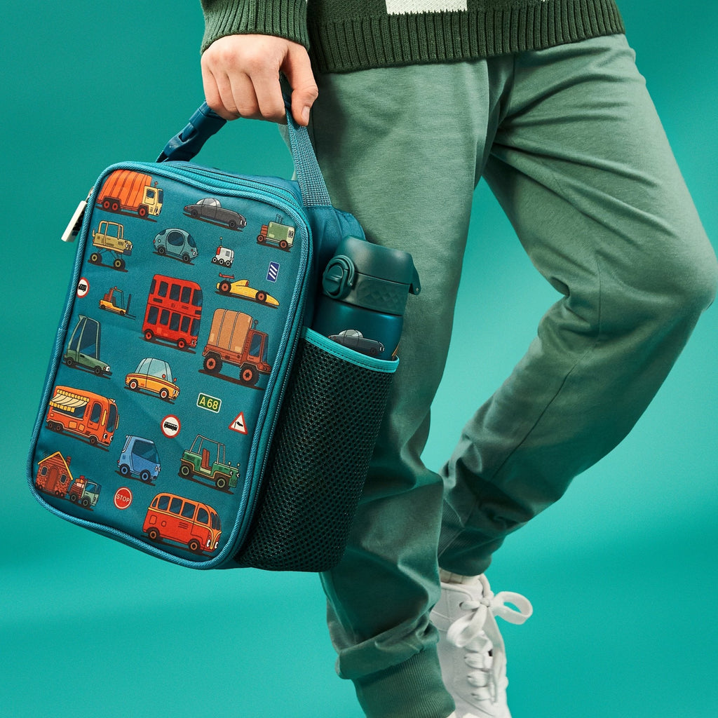 Kids insulated lunch bag by ION8 featuring colorful automobile design, medium size with insulated interior for meals on the go.