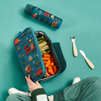 Kids insulated lunch bag with automobile print from ION8, medium size with colorful car illustrations and adjustable shoulder strap.