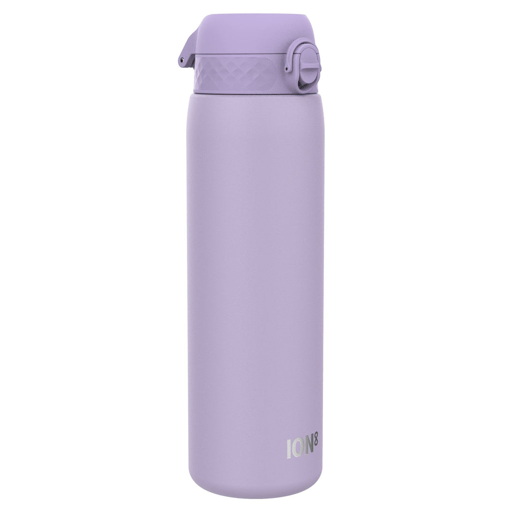Ion8 stainless steel 1-liter water bottle in light purple, leak-proof design with durable construction.