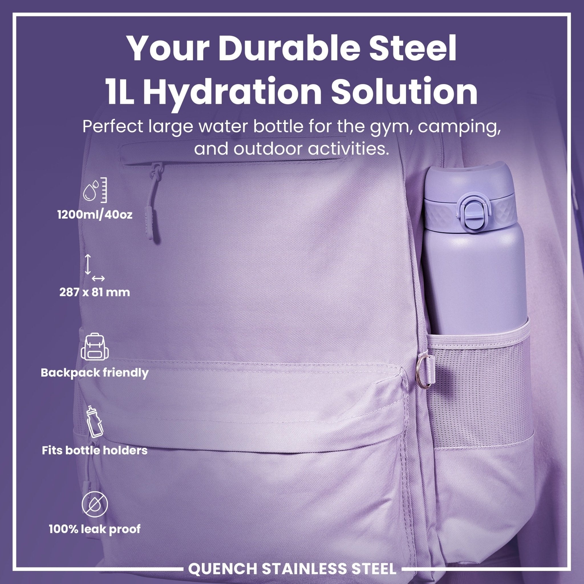 Light purple ION8 stainless steel 1-liter water bottle, leak-proof design, durable and ideal for hydration on the go.