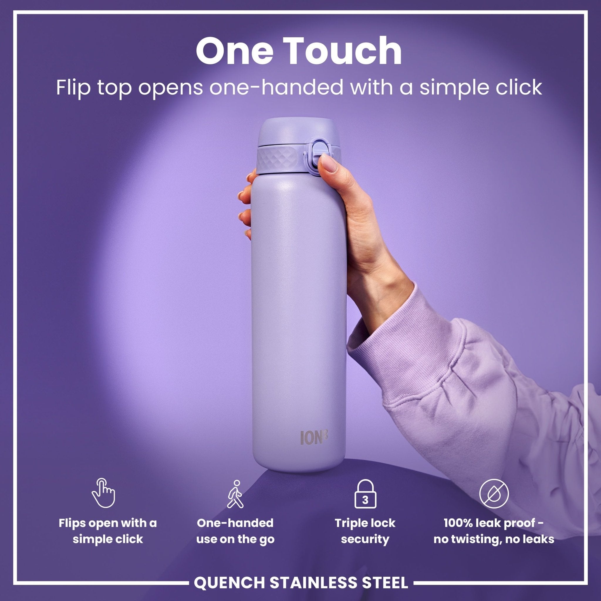 Light purple stainless steel water bottle by ION8, leak-proof 1-liter steel water bottle for durable hydration.