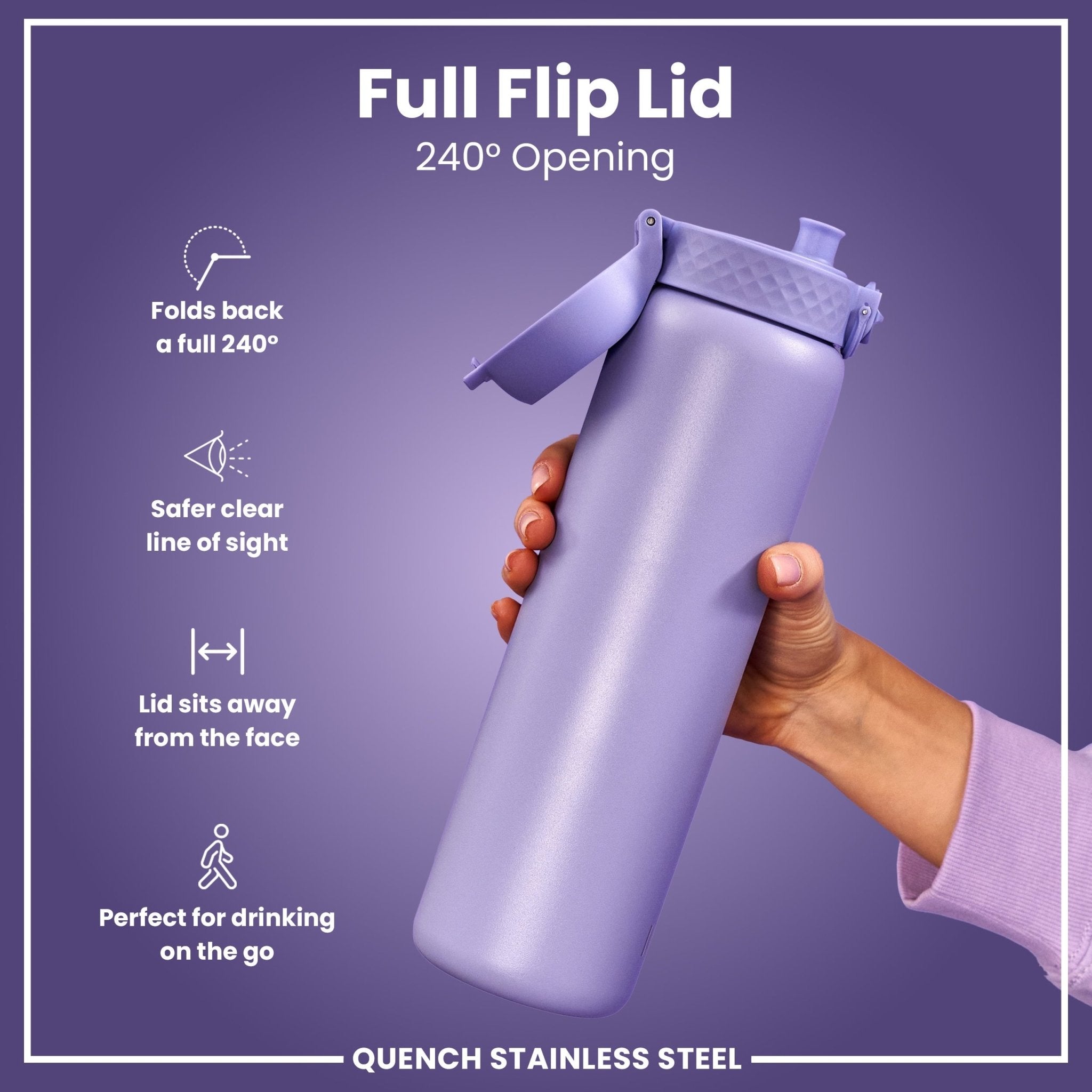 Stainless steel ION8 1L water bottle in light purple with leak-proof design and sleek shape, ideal for hydration on the go.